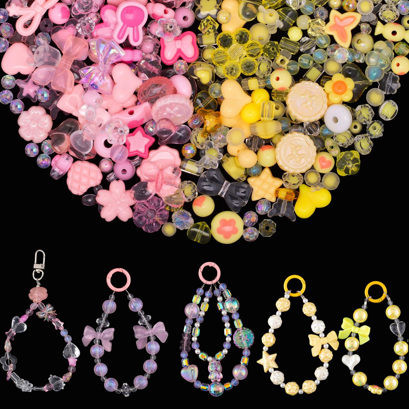 GUJOXILA Yellow Pink Cute Acrylic Beads for Crafting Yellow Pink Bead for Bracelet Jewelry Keychain Phone Charm Making Kawaii Bracelet Beads 160g