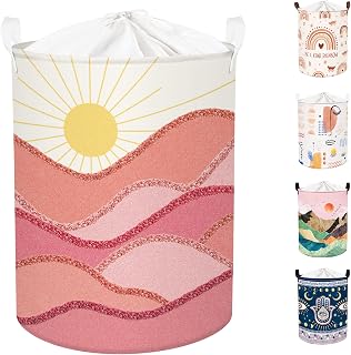 Clastyle 45L Boho Laundry Baskets for Clothes Collapsible Pink Sun Laundry Hamper with Drawstring Waterproof Beach Towel Storage Basket for Pool, 14.2 * 17.7 in
