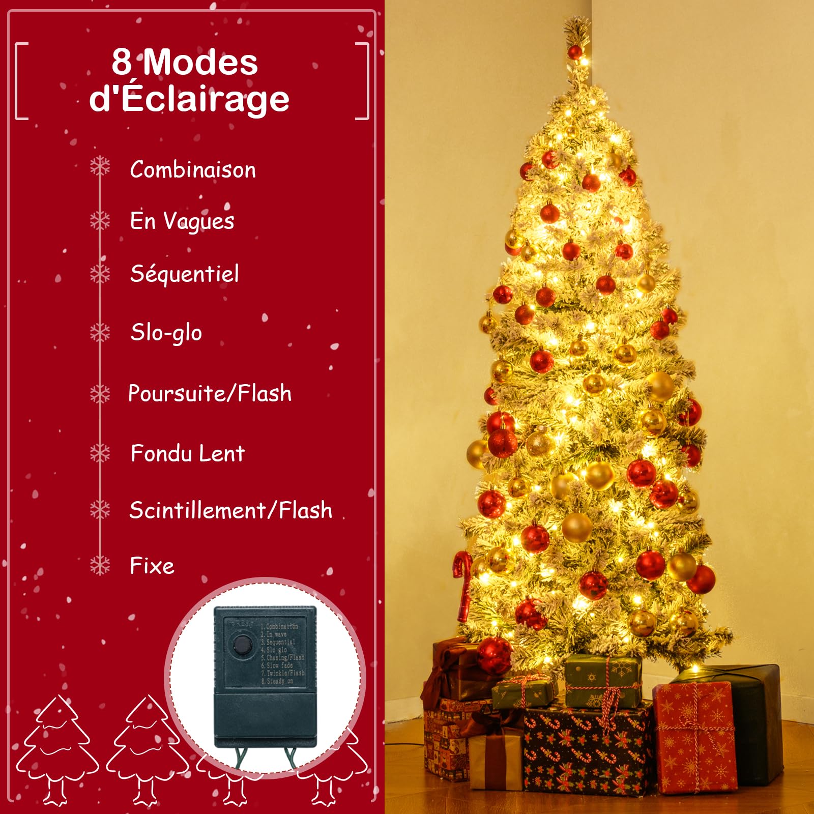 COSTWAY Sapin de Noël Pré-éclairé, Arbre Articulé avec 329/533 Branches en PVC Enneigé, 180/260 Lumières LED Blanc Chaud, 8 Modes, Pied Métallique, Décoration Élégante pour Maison, Bureau (150 cm)