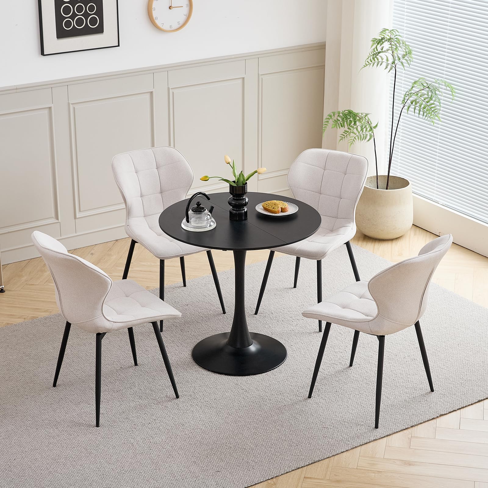 GrandCA HOME Juego de 4 Sillas de Comedor Tapizadas de Lino con Respaldo y Patas de Metal Negro, Silla de Sala de Estar para Cocina, Comedor, Dormitorio - Beige