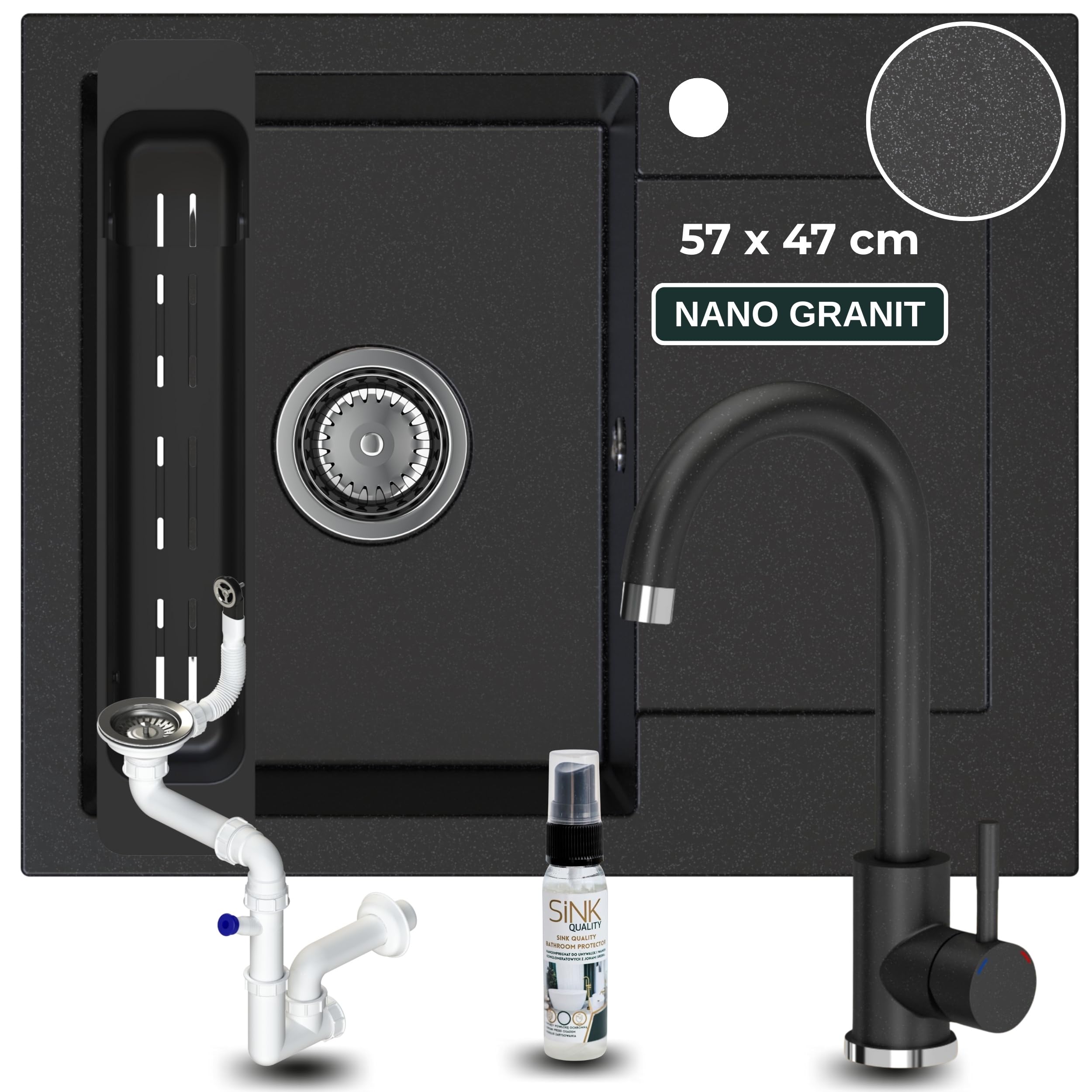 SINK QUALITY zlewozmywak granitowy czarny cętkowany z armaturą 58 x 47 – zlewozmywak z syfonem i środkiem impregnującym – zlewozmywak kuchenny czarny nakrapiany z ociekaczem do szafki pod umywalkę 50