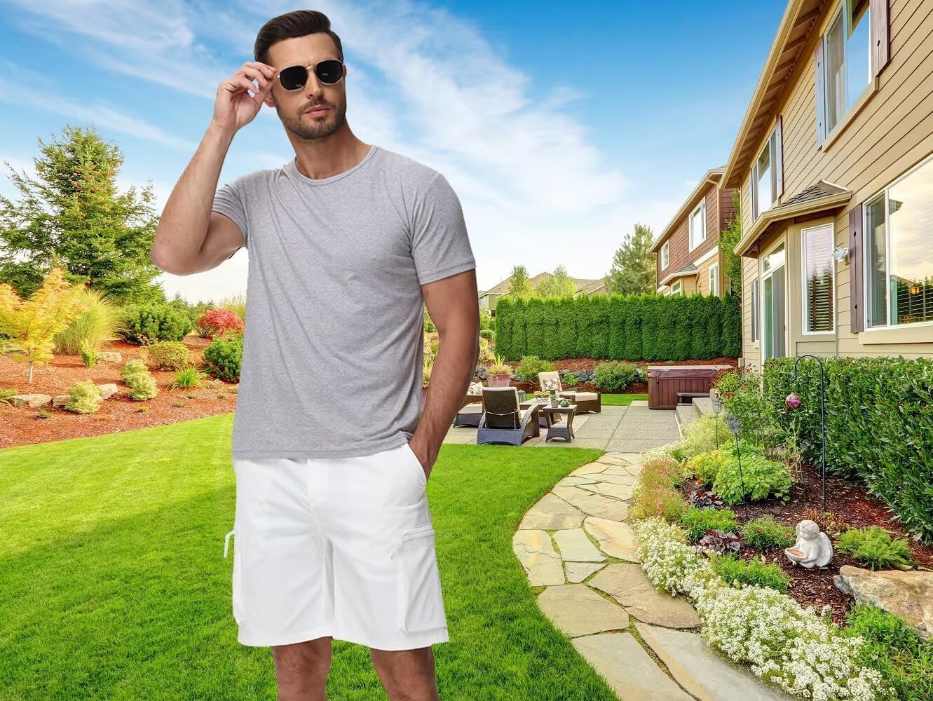 QPNGRP Men's 9" Inseam Stretch Waist Zipper Cargo Shorts with 6 Pockets - Image 2