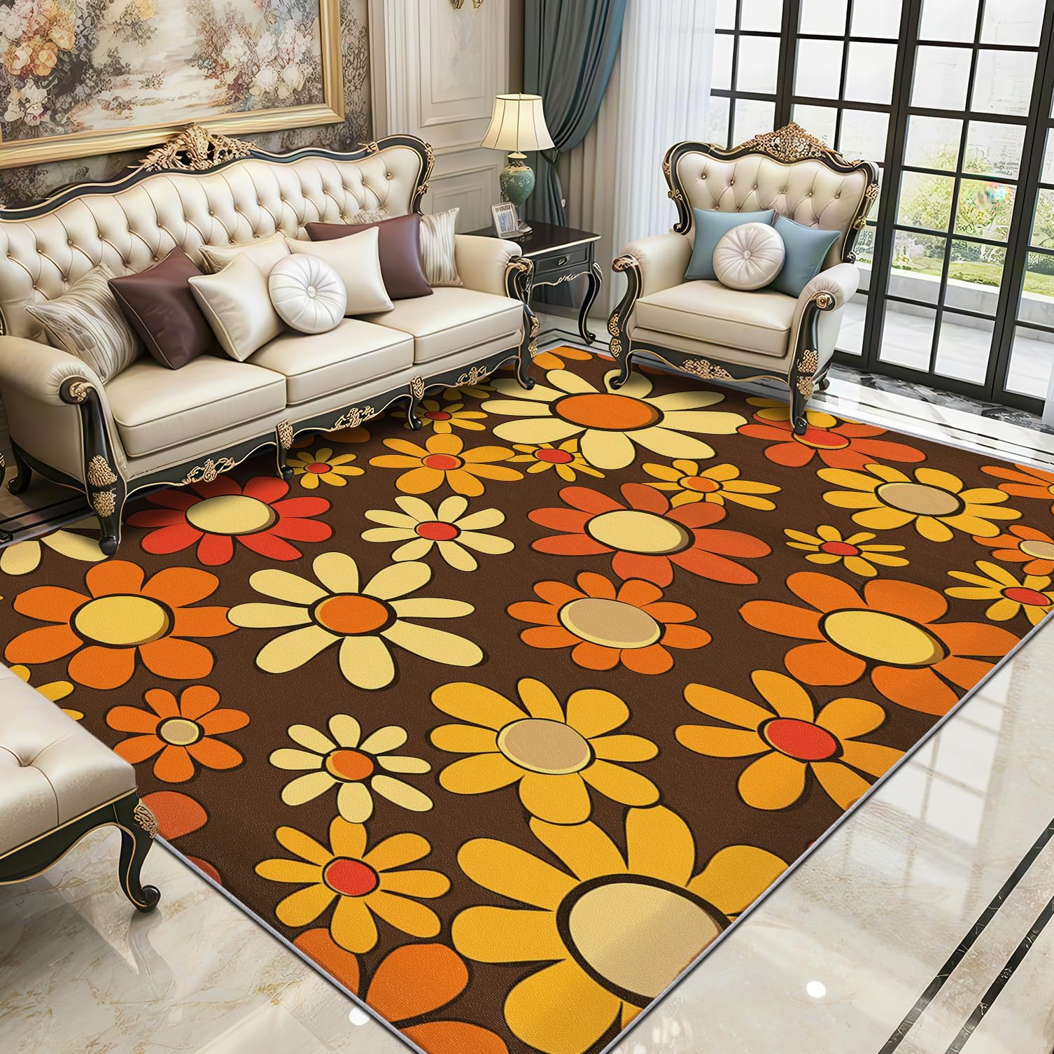 Floral Area Rugs for Living Room 100x150-70s Retro Orange Yellow Rug for Bedroom, Flower Non Slip Washable Short Pile Carpet