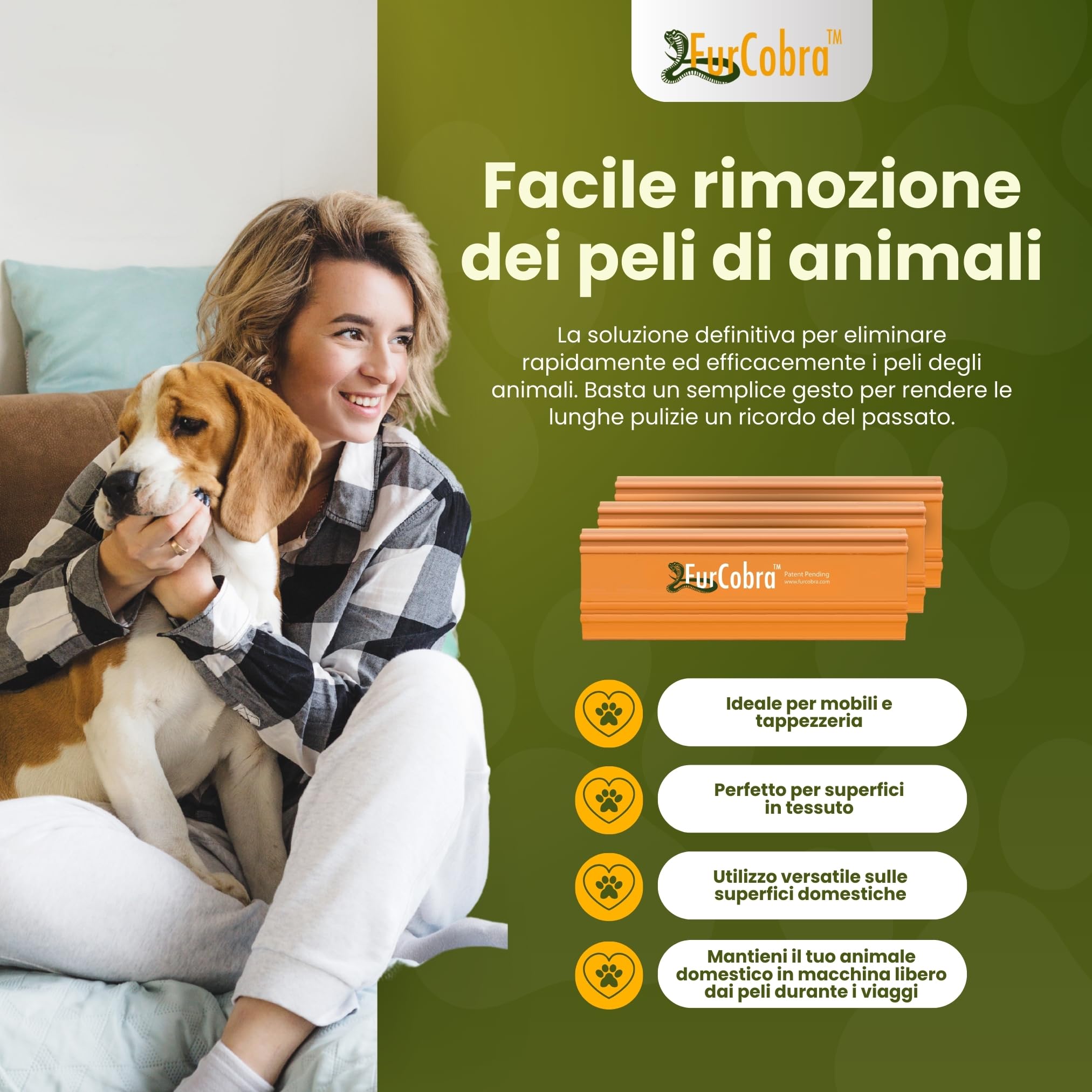 FurCobra PRO Pet Hair Remover 4.33" - Leggero e Compatto, Spazzola Togli Peli Animali per Cane e Gatto per Auto, Divano, Letto, Tappeti e Superfici della Casa - Portatile, Facile da Usare