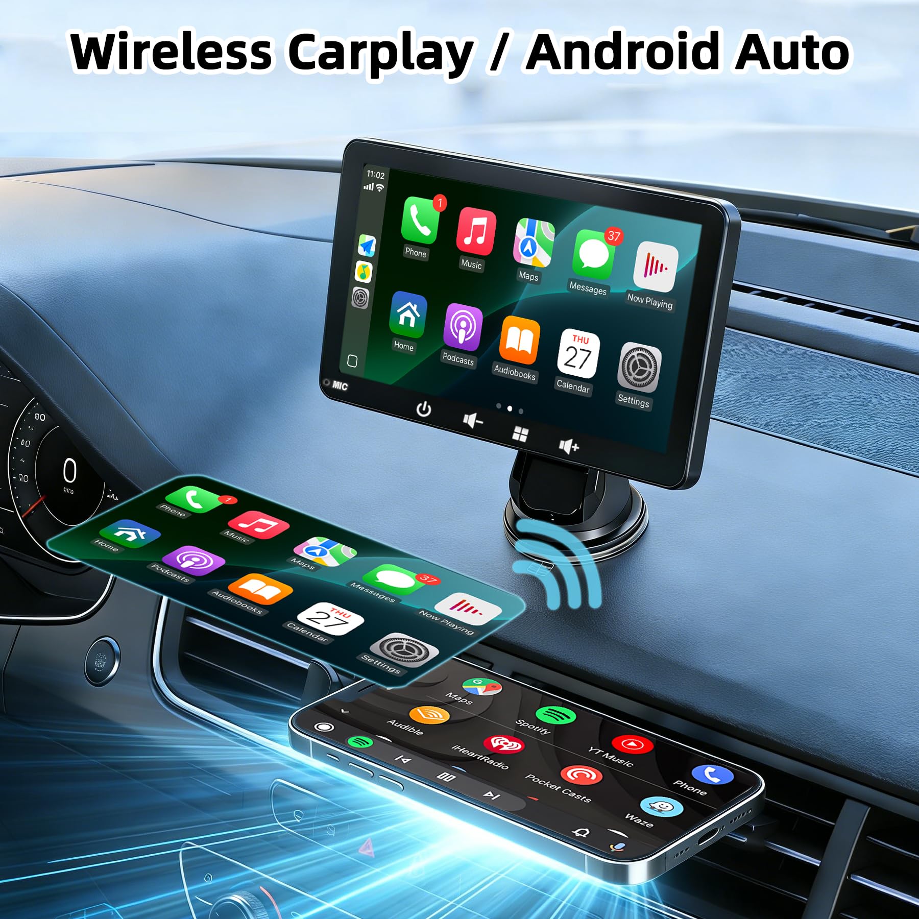 Écran Voiture 7" avec Carplay et Android Auto sans Fil, Caméra de Recul | Écran Tactile, Écran carplay avec ports USB/AUX/TF, Plug & Play Autoradio Portable, pour la plupart des voitures