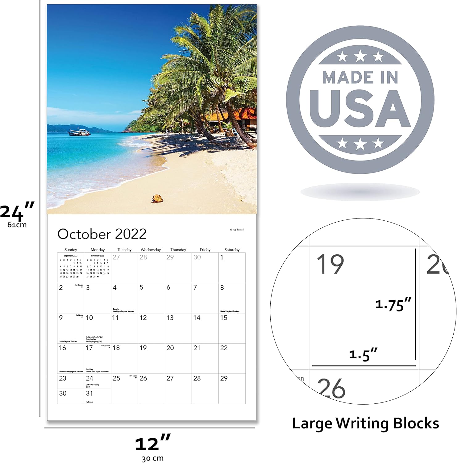 Tropical Beaches 2022 Hangable Wall Calendar - 12" x 24" When Open - Full Page Months & Travel Vacation Beach Paradise Photography - Organizing & Planning - Includes 2021 : Office Products