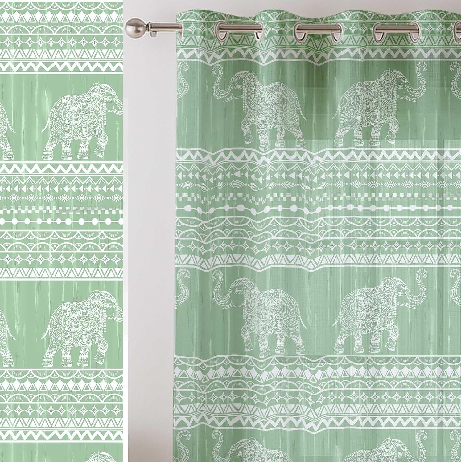 Green Elephant Print Sheer Curtains for Short Windows - Set of 2 Panels, 63", Grommet Top, Printed Georgette, Light Filtering Drapes for Kitchen or Bedroom