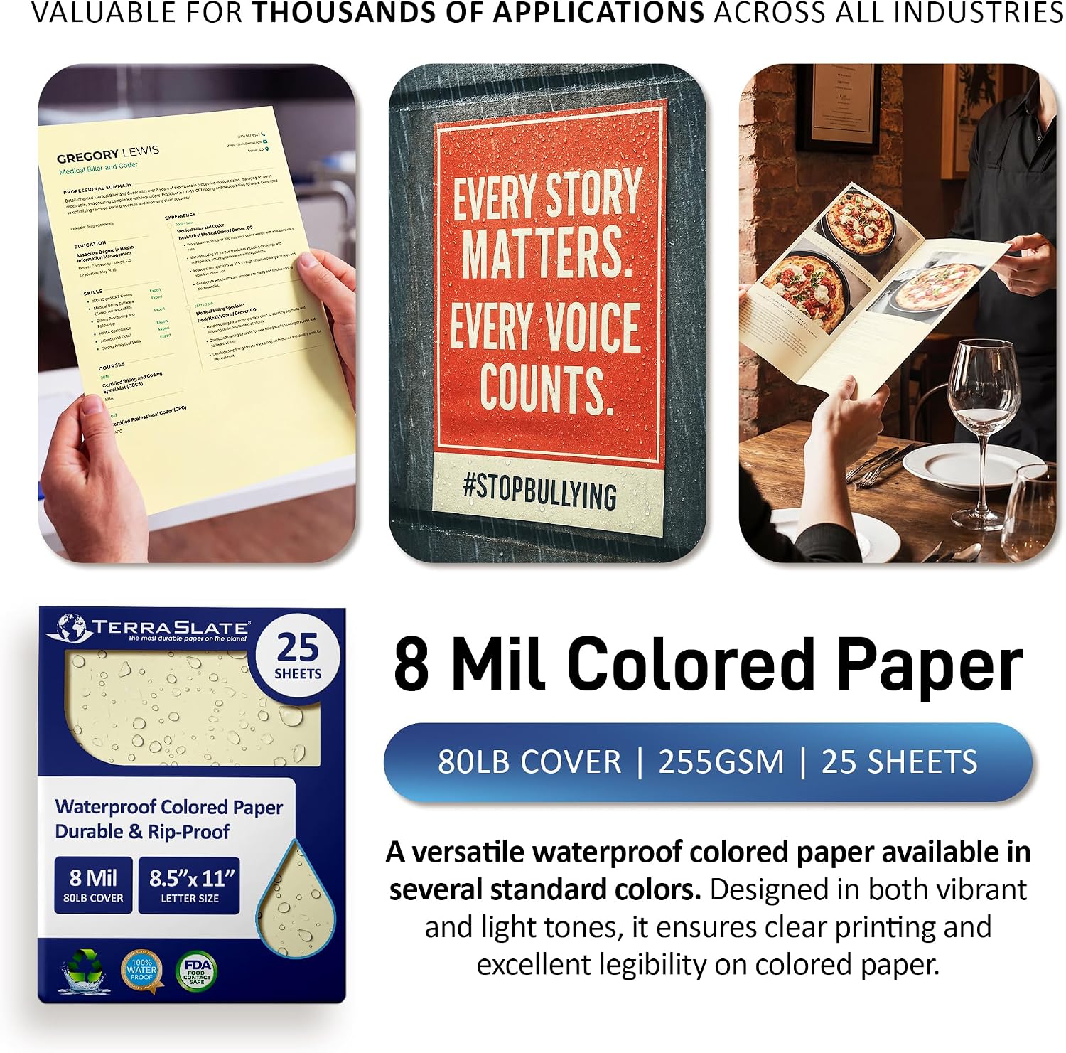 TerraSlate Waterproof Paper, Rip-Proof Colored Paper, Ivory, 25 Sheets, 8 Mil, (80lb Cover), 8.5" x 11", Laser Printer and Copy Machine Compatible