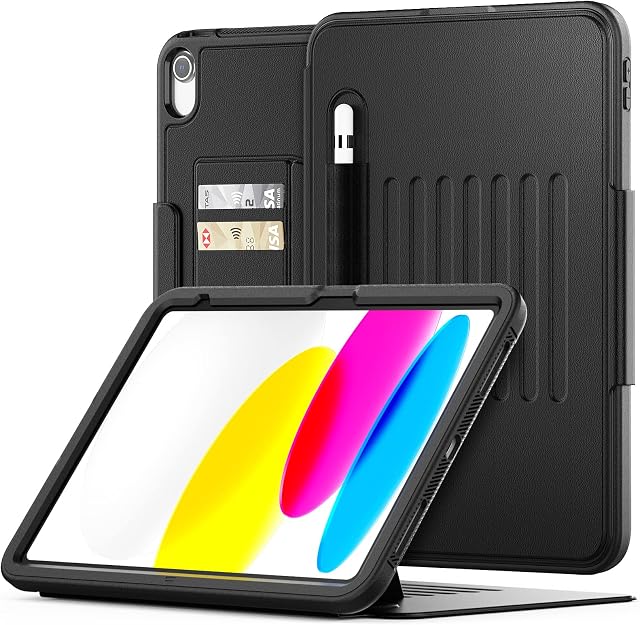 SEYMAC Case for iPad 10th Generation 2022 (10.9 inch), Shockproof Full Body Protective Case with Auto Sleep/Wake Magnetic Smart Cover, Card Slots, Multi-angle Stand, and Pencil Holder - Black