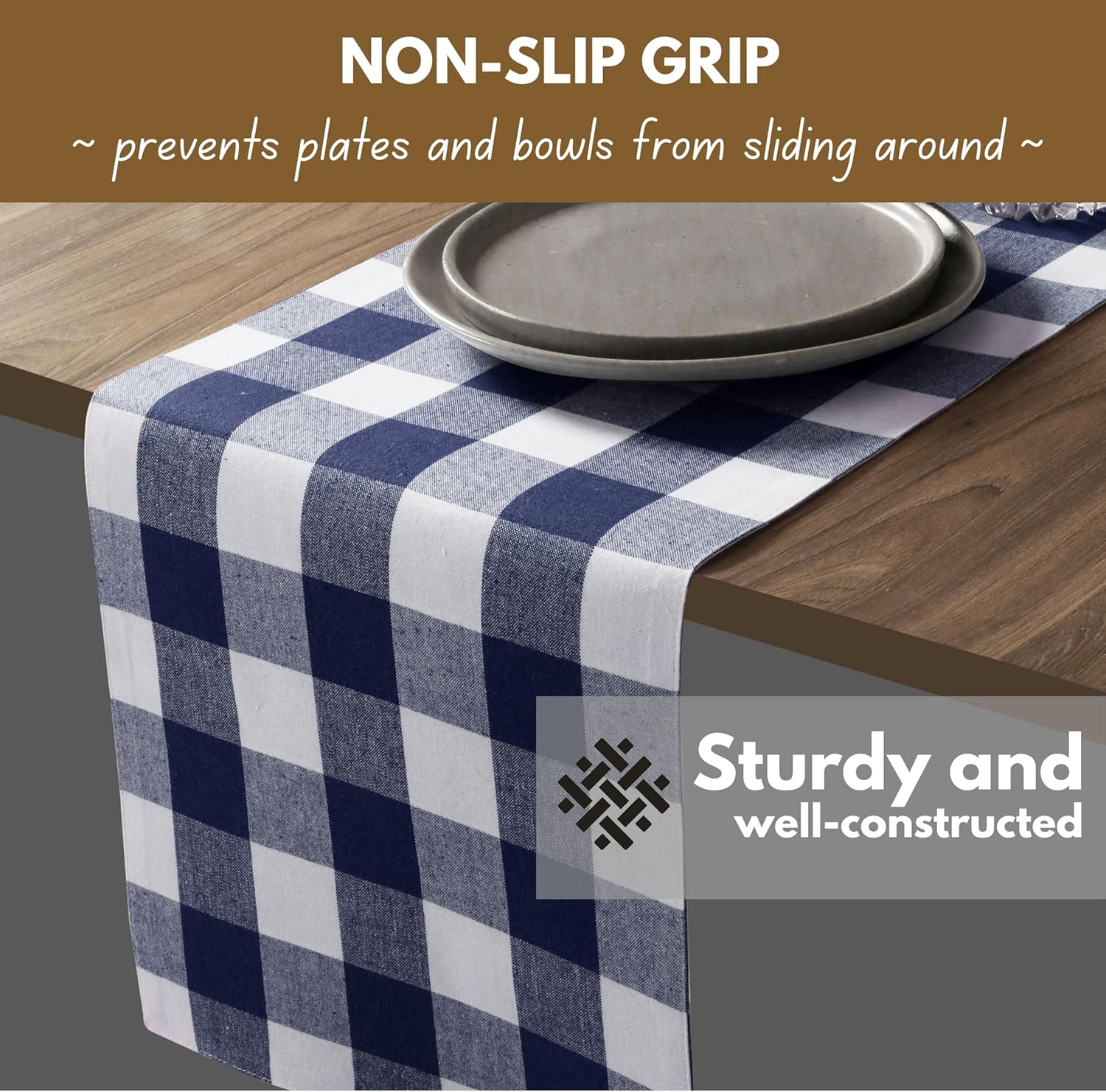 Native Fab Buffalo Check Table Runner, 100% Cotton, 13x108 Inches, Rustic Farmhouse Kitchen and Dining Décor, Perfect for Christmas, Winter, Weddings, Holiday Gatherings, Navy Blue & White