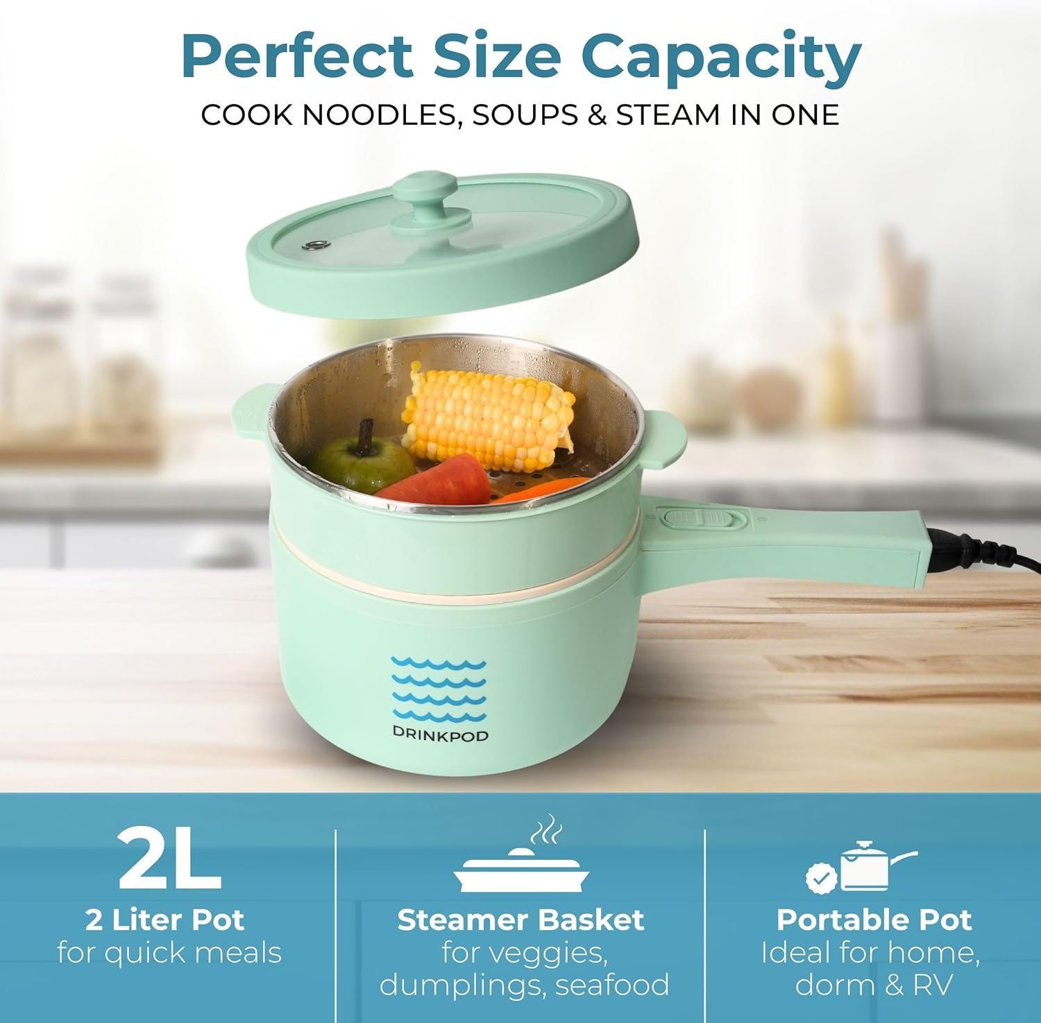 DRINKPOD 2L Electric Hot Pot with Steamer, Portable Multi Cooker for Ramen, Eggs, Soup, Oatmeal Non-Stick Mini Pot with Adjustable Temperature (AQUA GREEN)