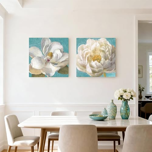 Flower Wall Decor Peony Canvas Wall Art Turquoise and White