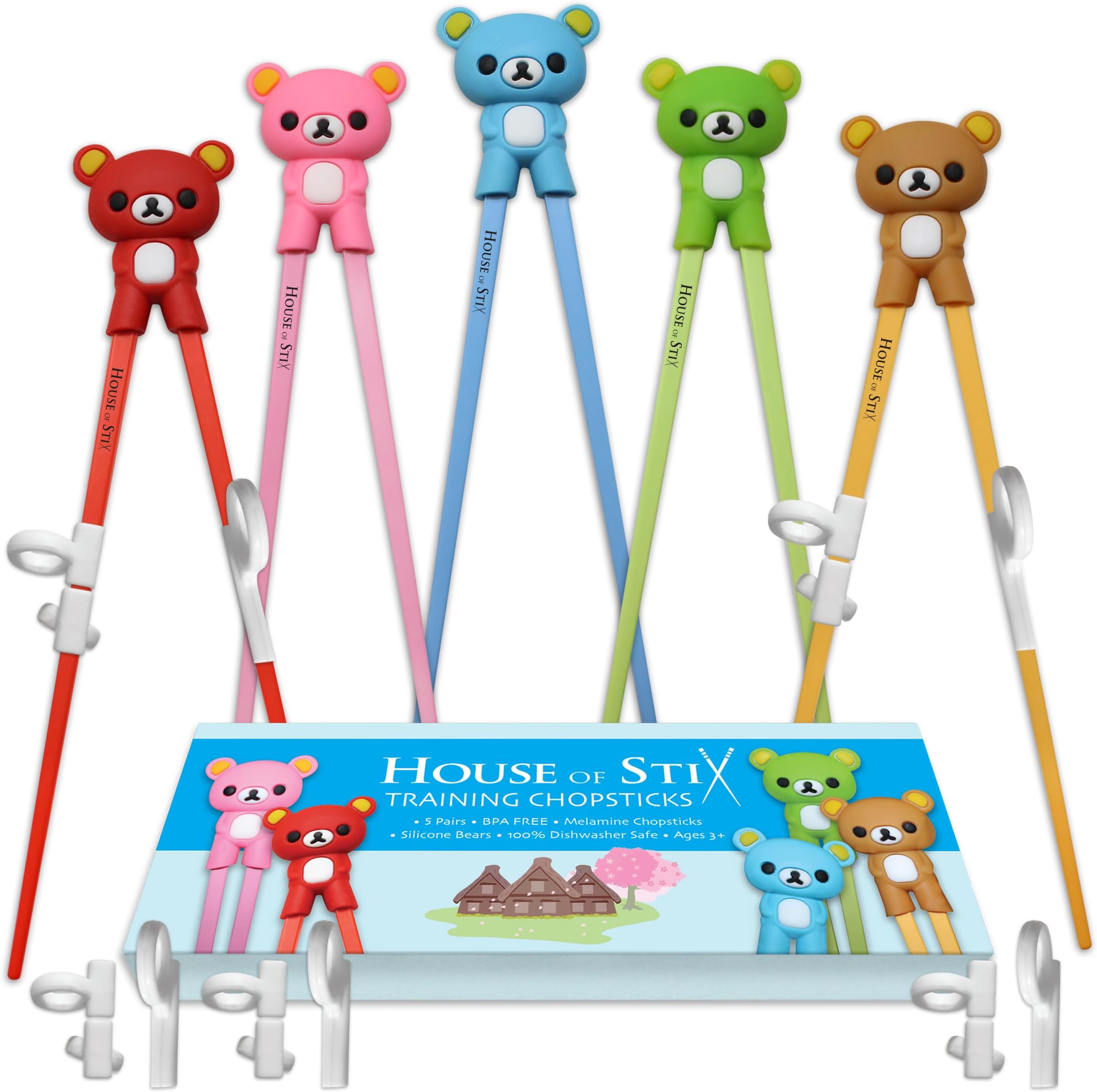 Kids Training Chopsticks for Toddlers, Kids and Adults with 5 Pairs of Removable Finger Helpers, Animal Design, BPA-Free, Dishwasher-Safe (Bears 5-Pack)