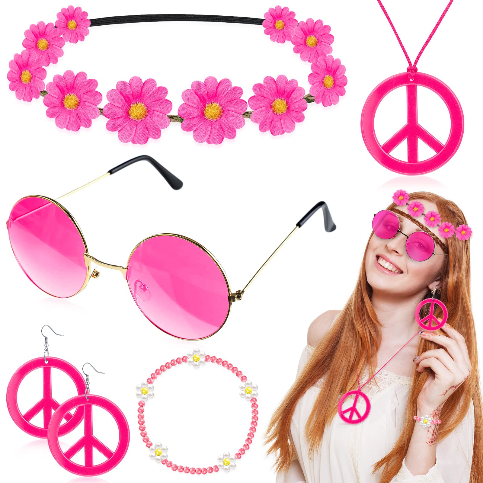 Batiyeer 6 Pcs Hippie Costume Accessories Set, Boho Peace Sign Daisy Flower 60s 70s Party Favors Decor for Groovy Party Women(Rose Red)