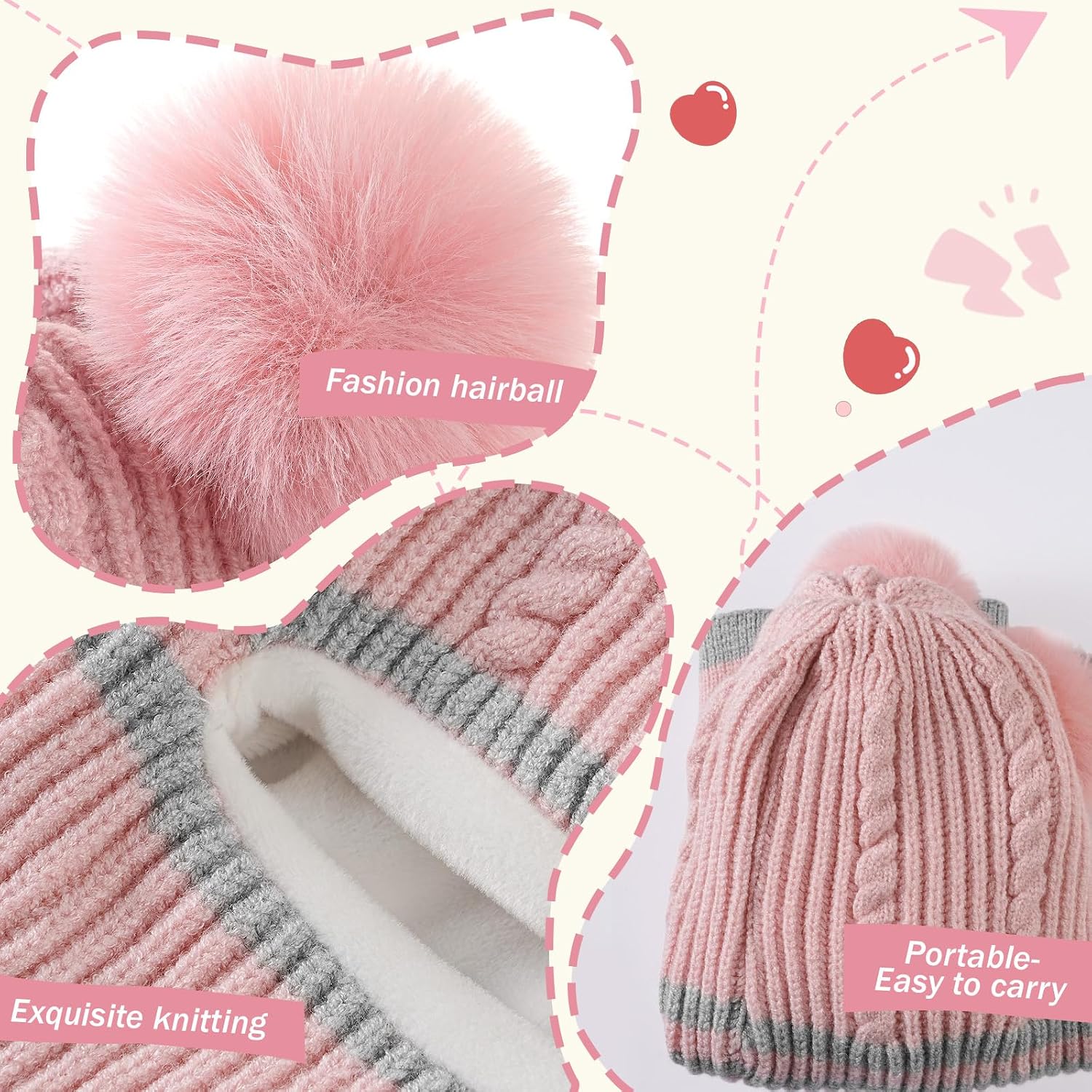 Kids Winter Hat Scarf, Toddler Scarf Hat for Girls with Pom Knit Neck Warmer Gaiter Mittens Fleece Lined Set for Kids