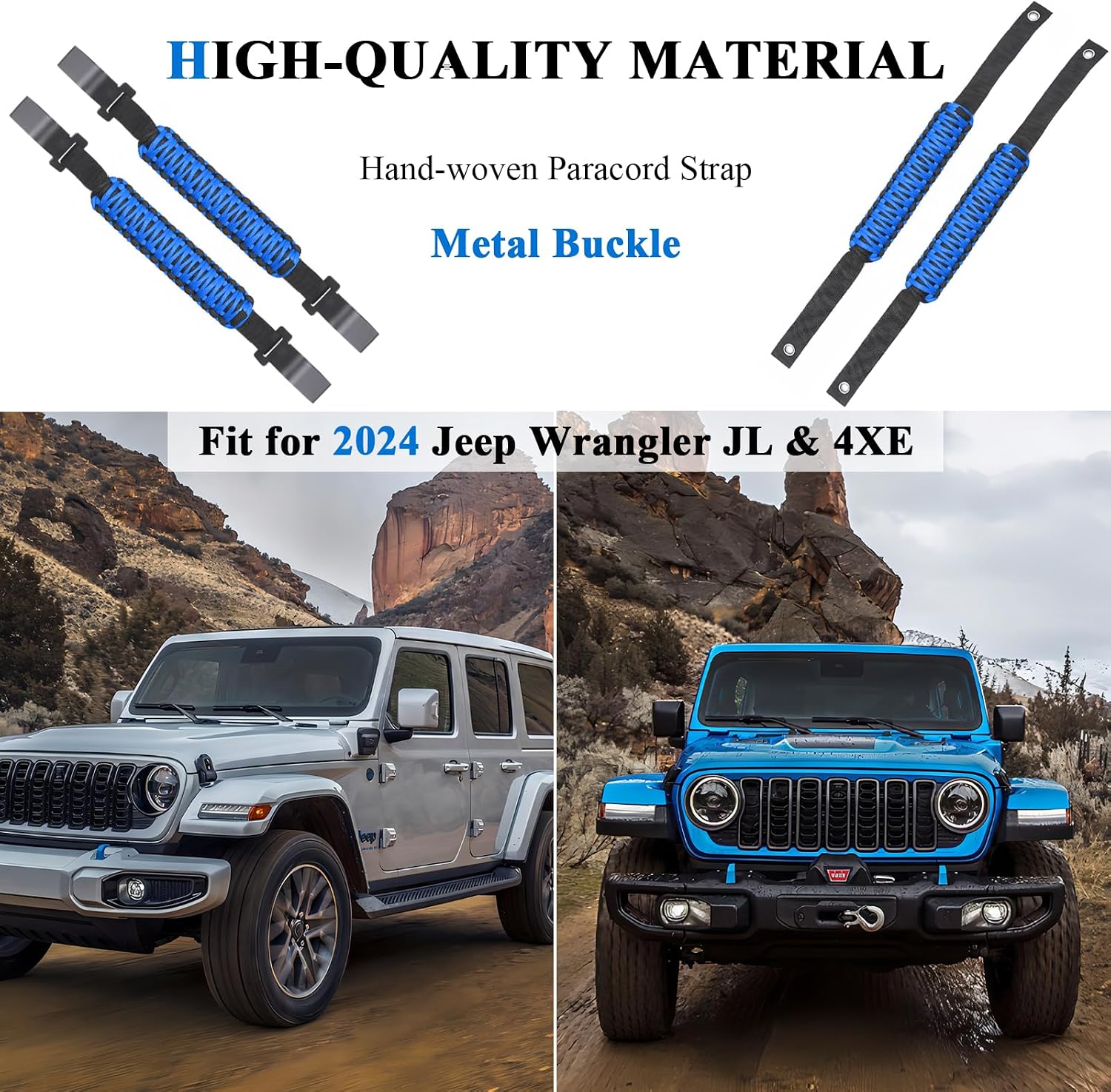 BESTAOO 4 Pack Roll Bar Grab Handles Front and Rear Paracord Grip Handles Compatible with 2024 2025 Jeep Wrangler JL & Gladiator JT 4XE Accessories (Front+Rear) (Blue)