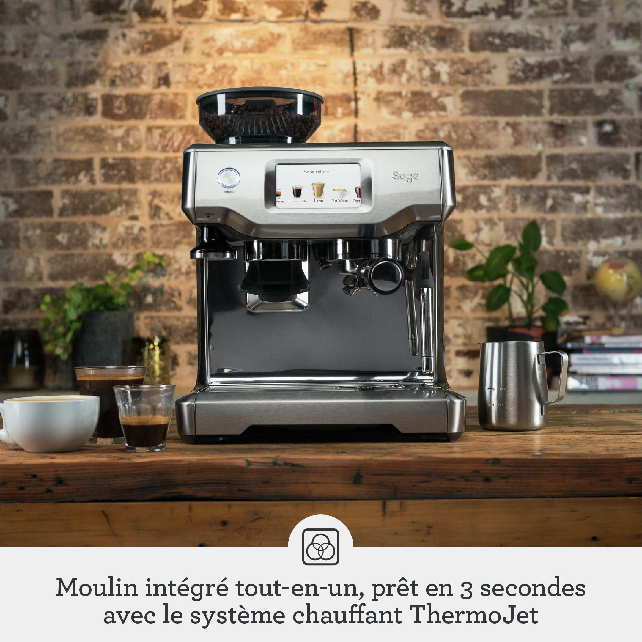 Sage - The Barista Touch - Machine à Café avec Mousseur à Lait Automatique & Moulin Intégré - Écran Tactile, Tampon Amovible, 5 Programmes - Machine Expresso - Acier Inoxydable Brossé