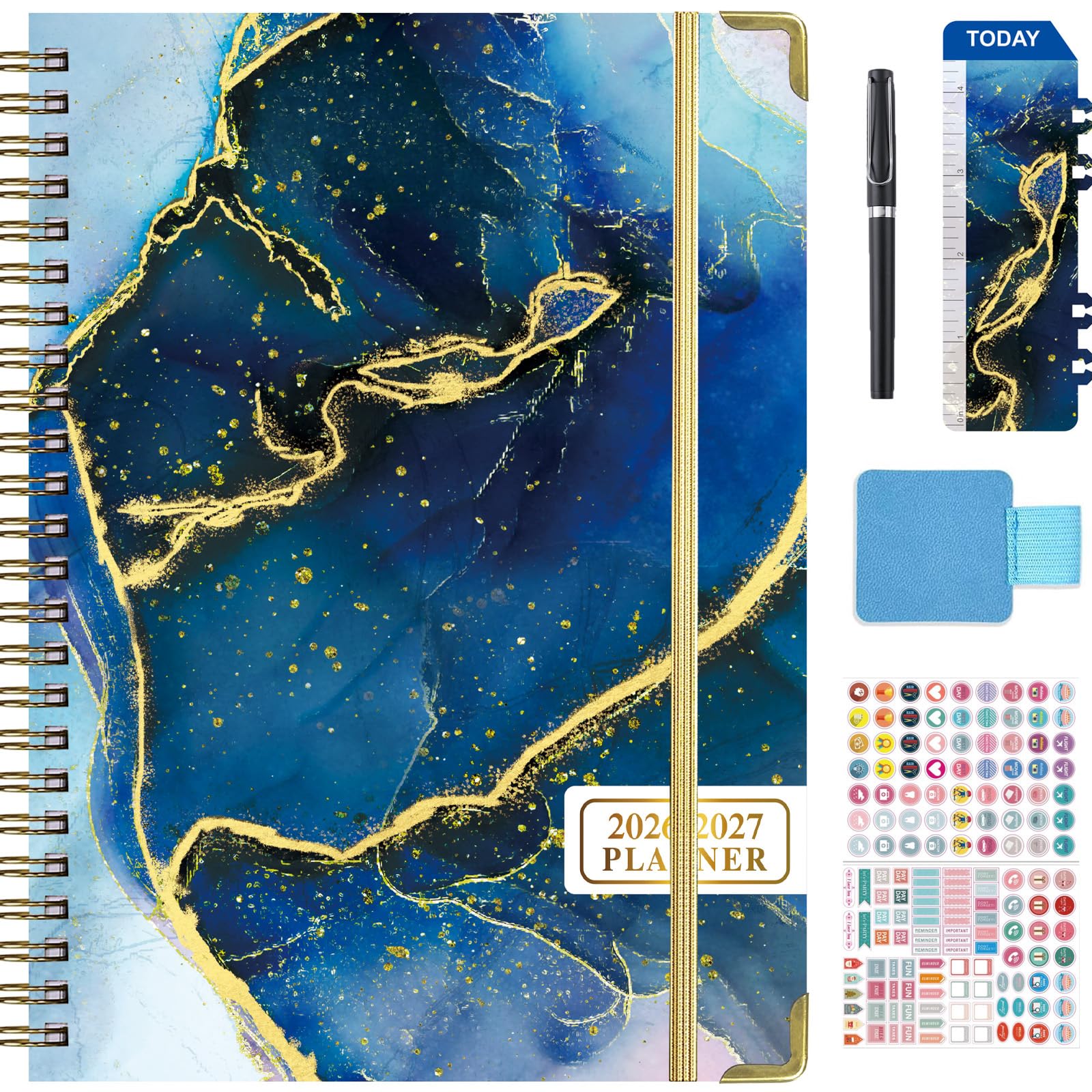 Academic Diary 2026 2027，July 2026 to June 2027 Planner, Weekly & Monthly A5 Hardcover Planner with Pen, Stickers,Inner Pocket, Elastic Band for Teacher, Student, Work | BSOFSTUF(deep blue)