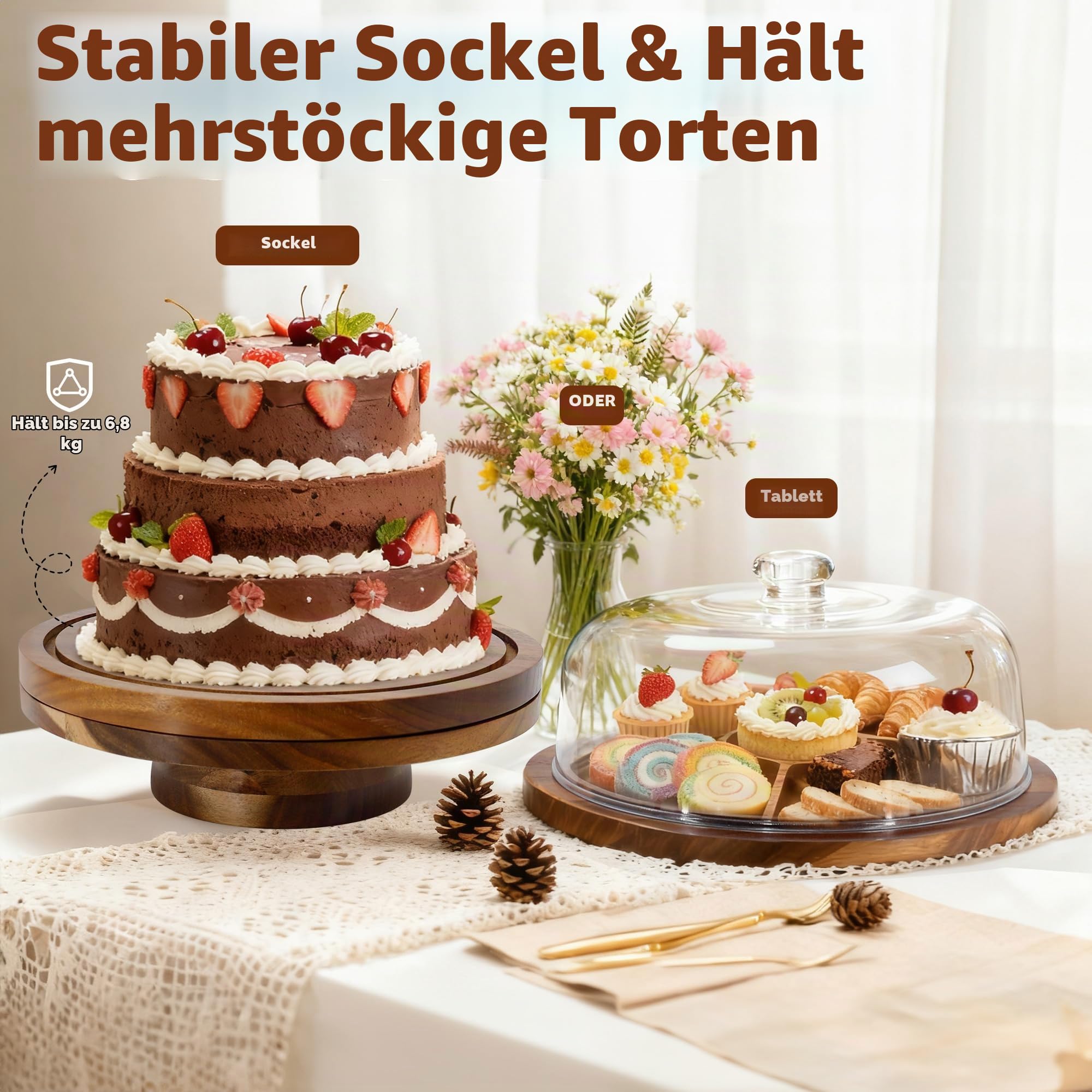 30cm Drehbar Tortenständer Tortenplatte, Multifunktional Holz Kuchenständer | Mit Deckel & Fuß & 4 Stück Gold Cake Board, Runde Drehteller für Küche Backen Hochzeit Party