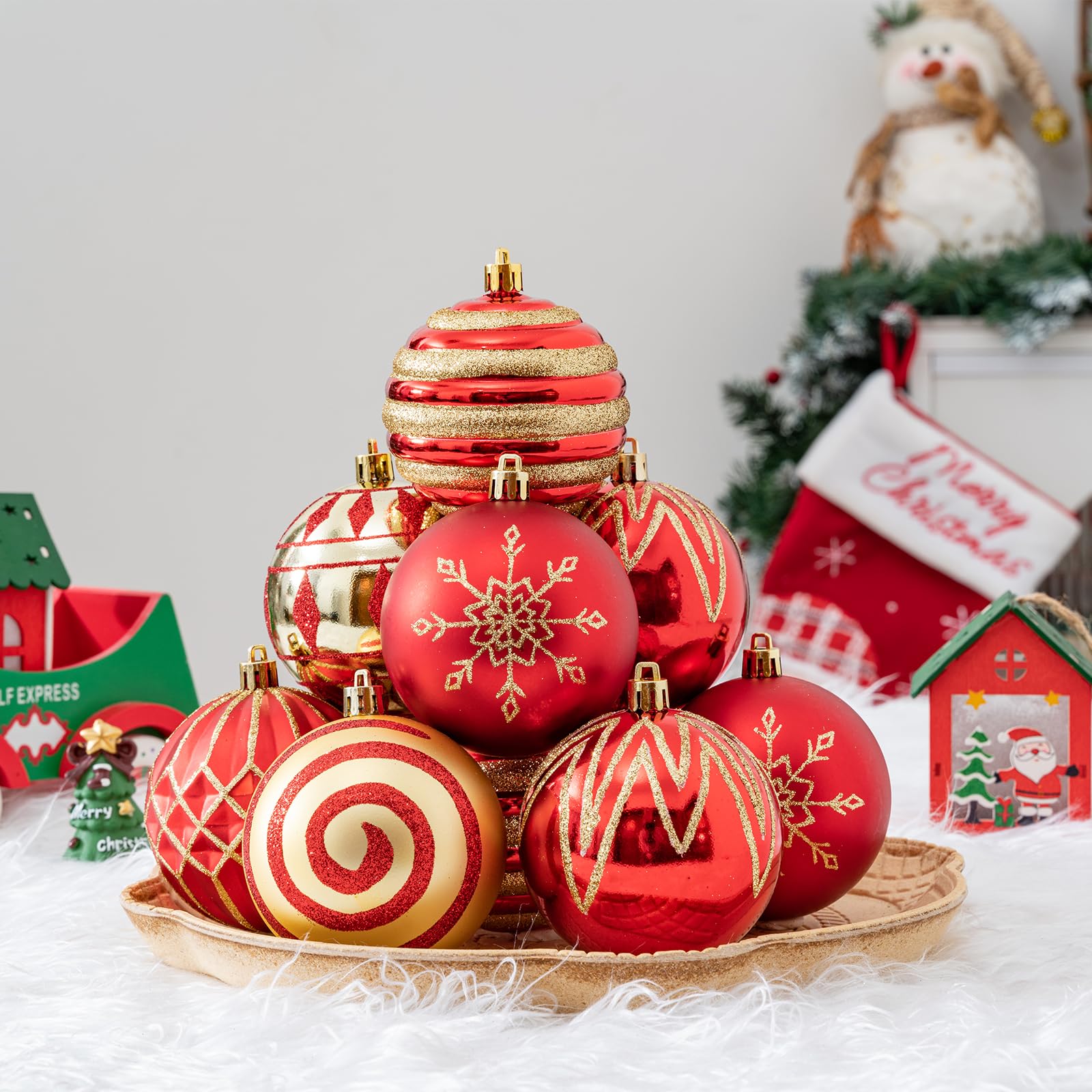 Decorazioni natalizie rosse e dorate, 8 cm, 16 pezzi, infrangibili, moderne, decorazioni da appendere per alberi, mostre, feste, centri commerciali, festival