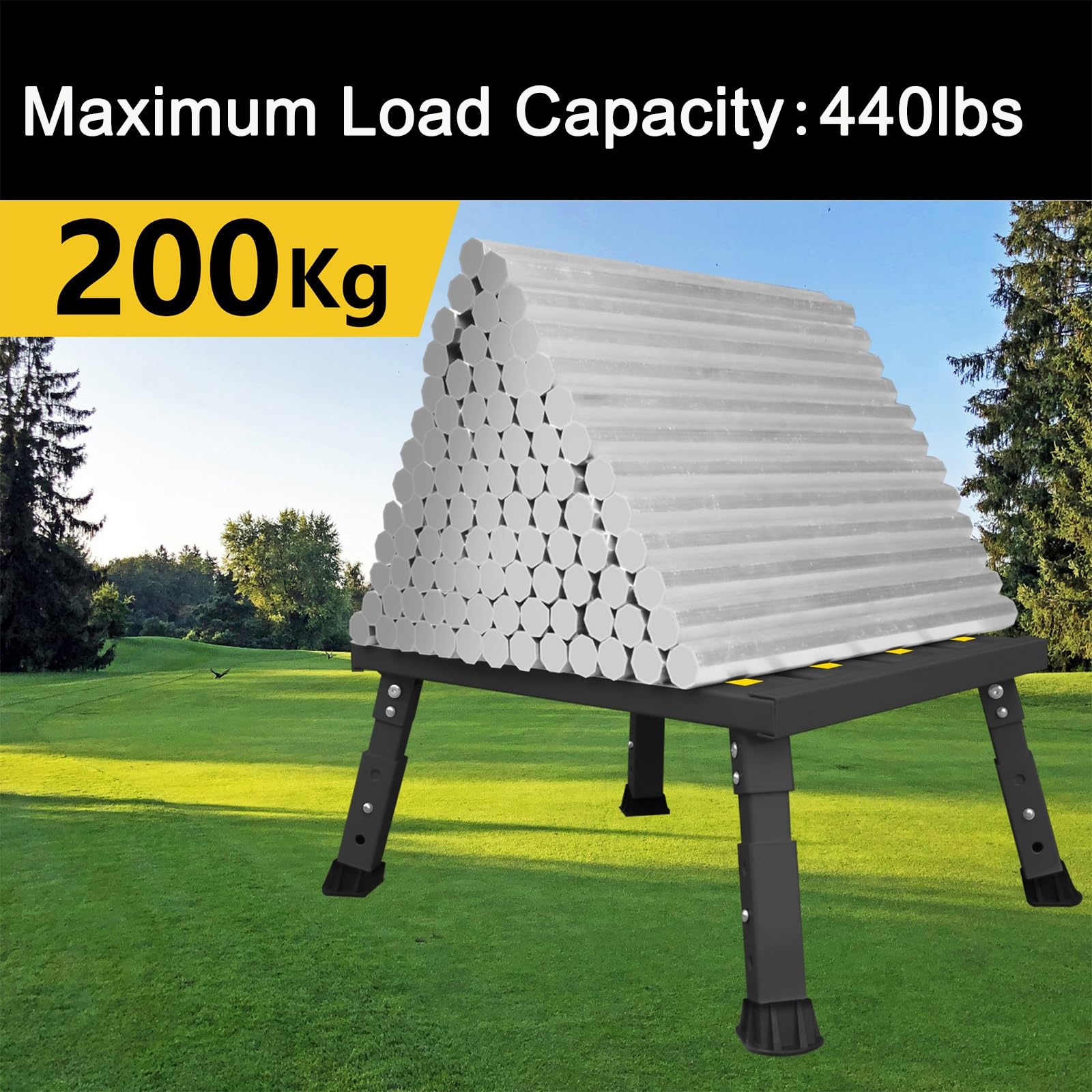 Składany Podnóżek do Kampera 43,7 x 33,5 cm Aluminiowy, Antypoślizgowy Stopień, Regulowana Wysokość, Ladowność 200 kg do Przyczepy Kempingowej