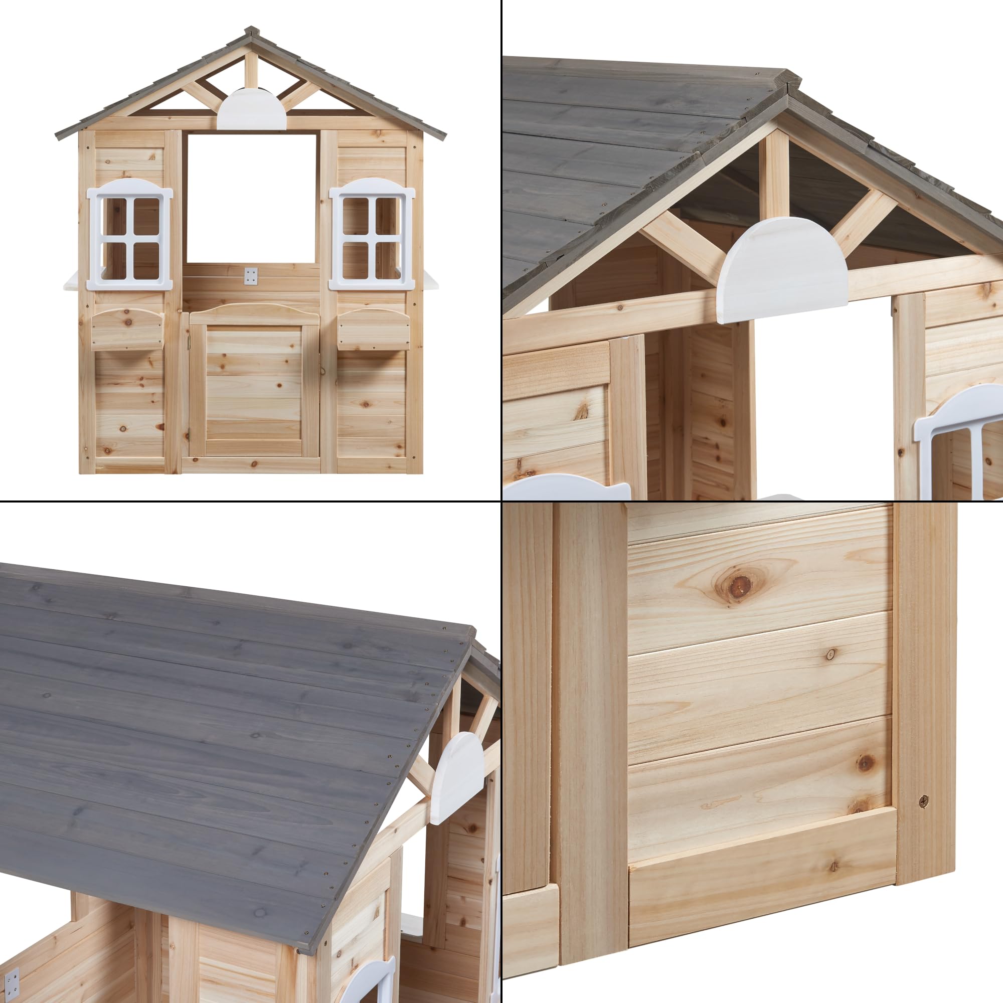 casa.pro Casa de Juegos Acciano con Jardineras Casita para Niños con Ventanas y Puerta Abatible Casa de Madera para Exterior y Jardín de Madera de Abeto 131x113x97 cm - Natural/Gris
