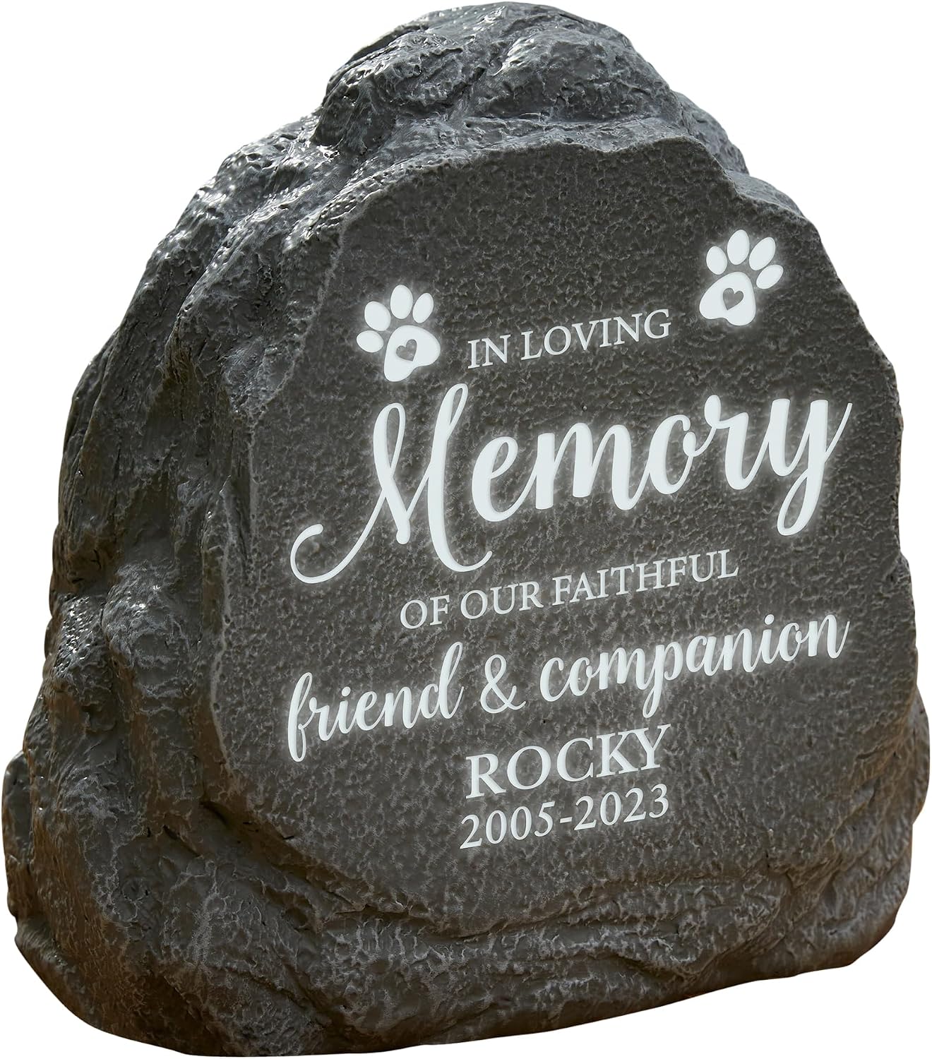 Personalization Universe Faithful Companion Solar LED Pet Memorial Stone - Customizable Outdoor Garden Decor with Paw & Rainbow Design, Weather-Resistant UV Resin, Lighted Pet Headstone Marker, 8.5" H