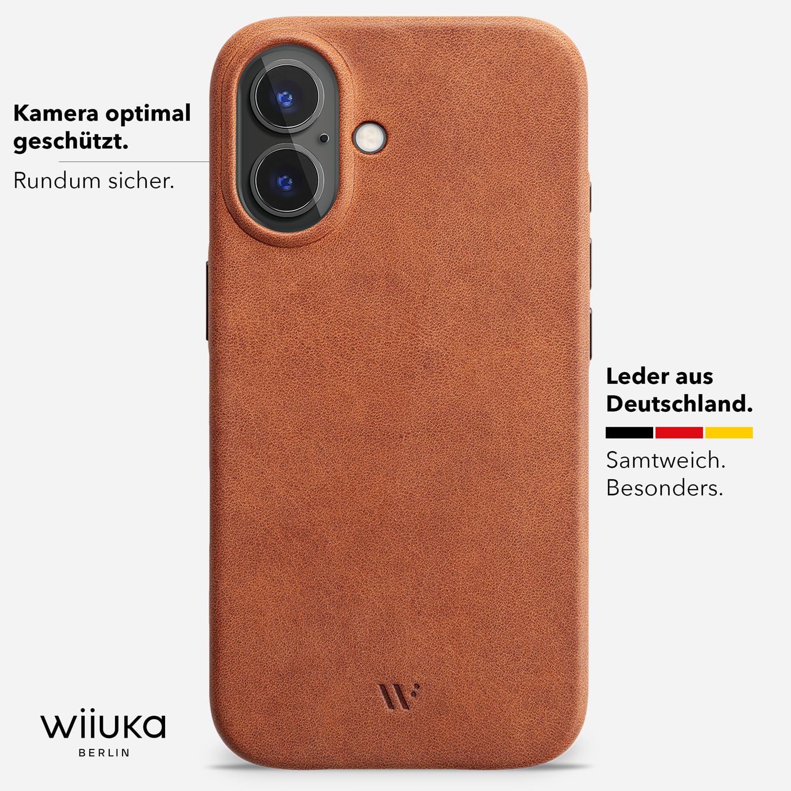 WIIUKA Hülle für iPhone 17, Leder aus Deutschland, Lederhülle extra Dünn, Premium Handyhülle, Case, Qi, skiin More, Vintage Cognac
