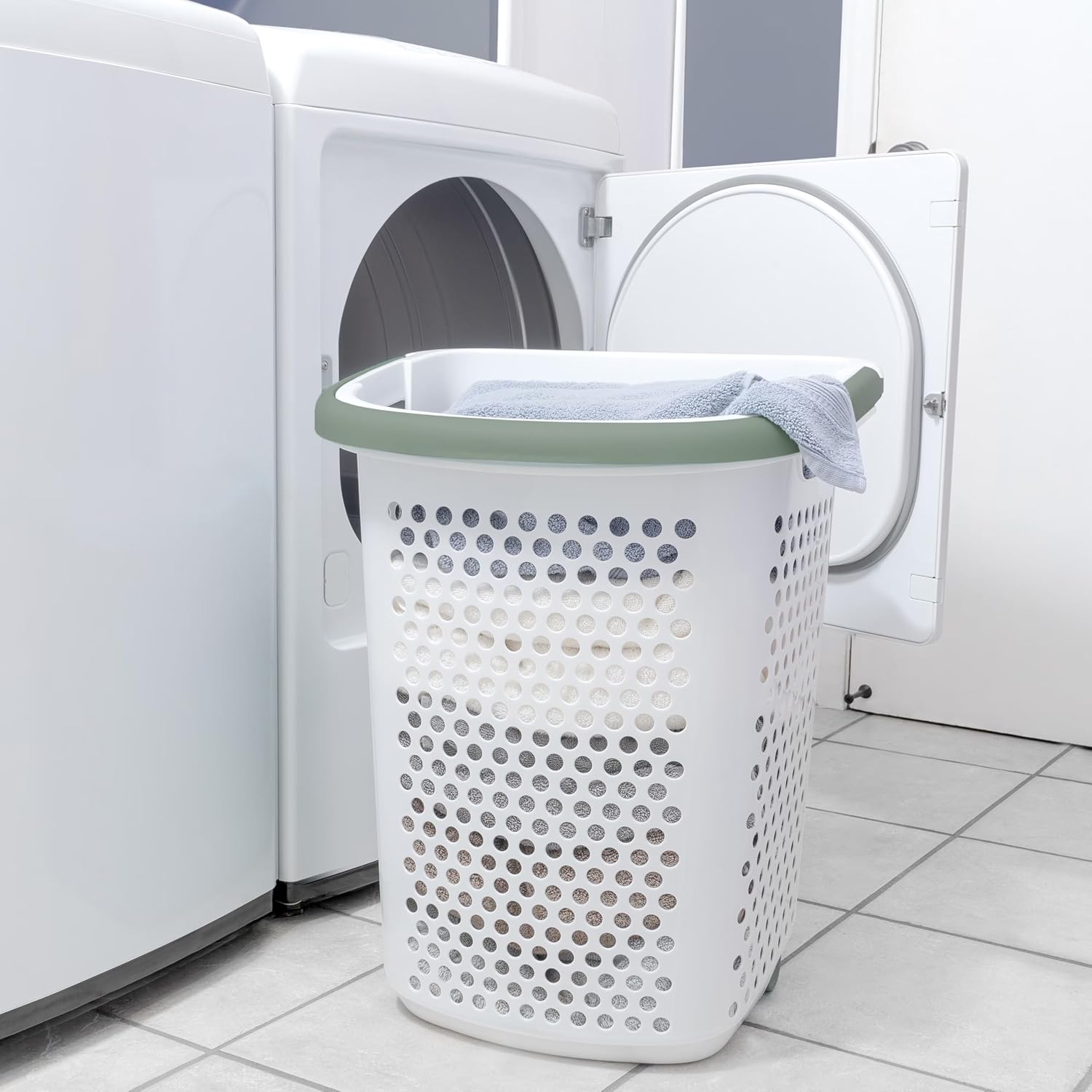Rolling Plastic Laundry Hamper with Pop-Up Handle, Durable Clothes Basket with Wheels, Large Capacity, Easy Transport Laundry Bin for Home, Dorm, Apartment, White (2)