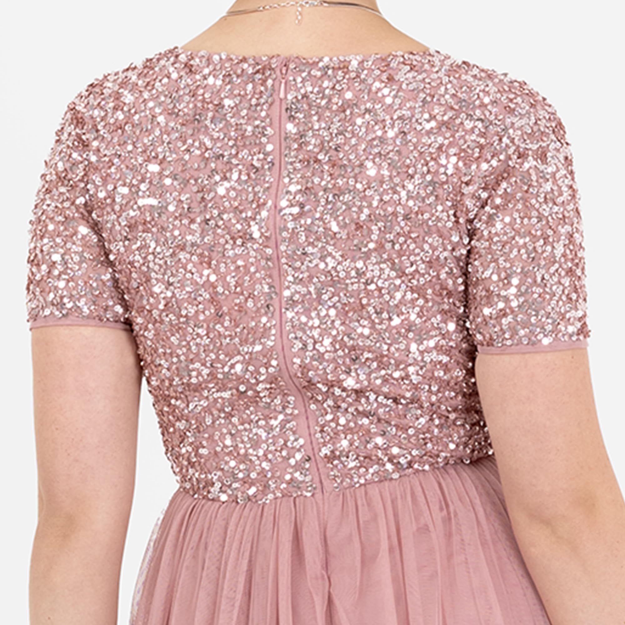 Maya Deluxe Robe de Soirée Midi Ornée avec Col en V et Manches Courtes pour Femme Demoiselle d'honneur