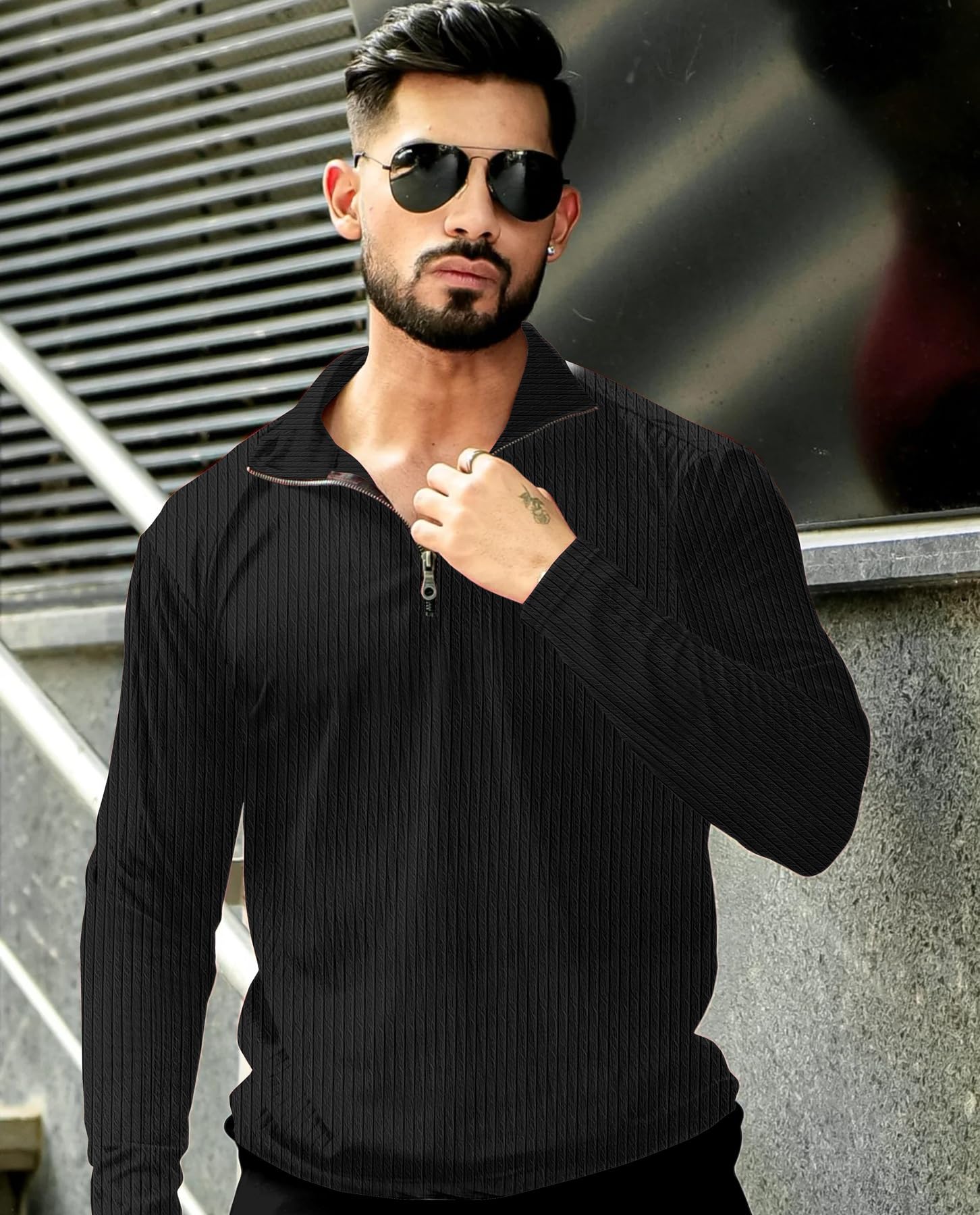 KAJARU Men's Quarter Zip Pullover T-Shirt, Cable Knit Pattern, Full Sleeve (in, Alpha, XL, Black) - Image 7 thumbnail