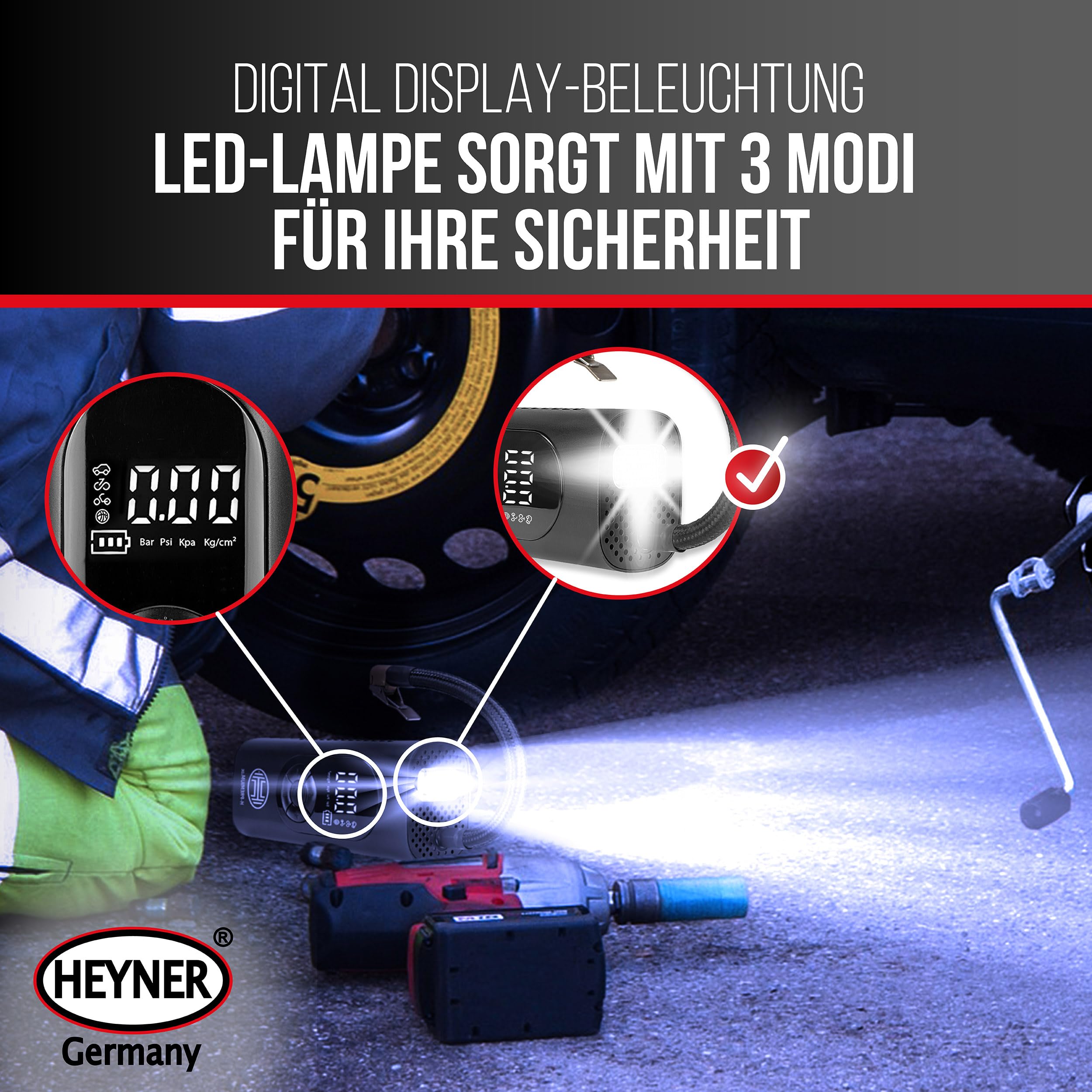 HEYNER® Luftkompressor mit 6000 mAh Akku, 10 bar, Auto-Stopp, LCD-Anzeige | Livebetrieb über 12 V am Fahrzeug, Powerbank mit 5 V / 2 A, LED-Licht mit SOS-Signal, Für Auto, Motorrad, Fahrrad und Camping