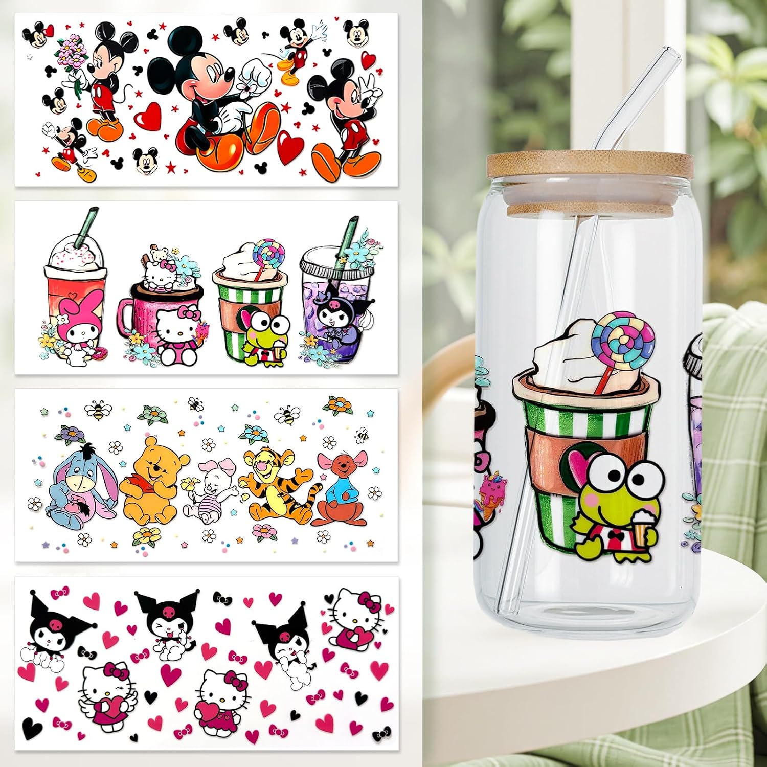 6 Sheets UV DTF Cup Wraps, Waterproof Tumbler Decal Stickers for Glass Cups, Cartoon Design, DIY Heat Transfer Vinyl Stickers for Cups (B)