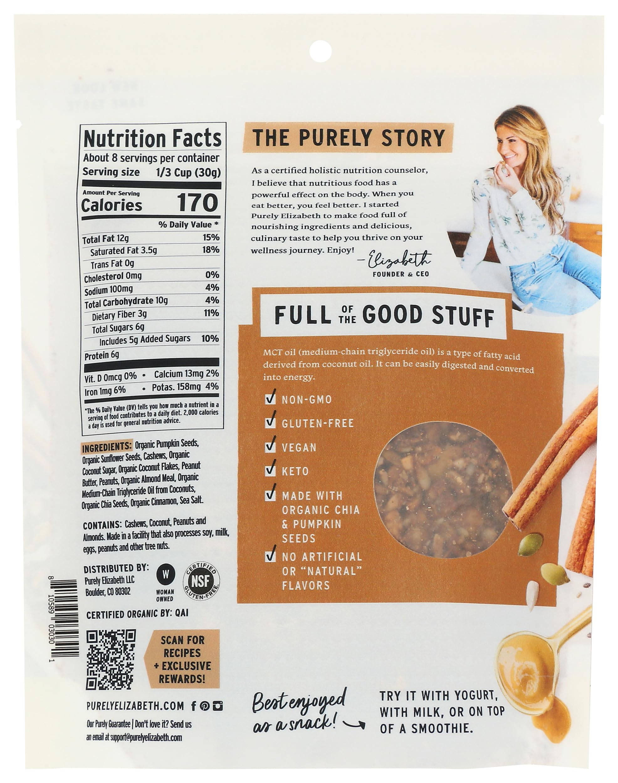Purely Elizabeth Colágeno de mantequilla de cacahuete de granola Keto Granola, hecho con nueces y semillas, sin grano, sin gluten, sin GMO (bolsa de 8 oz)