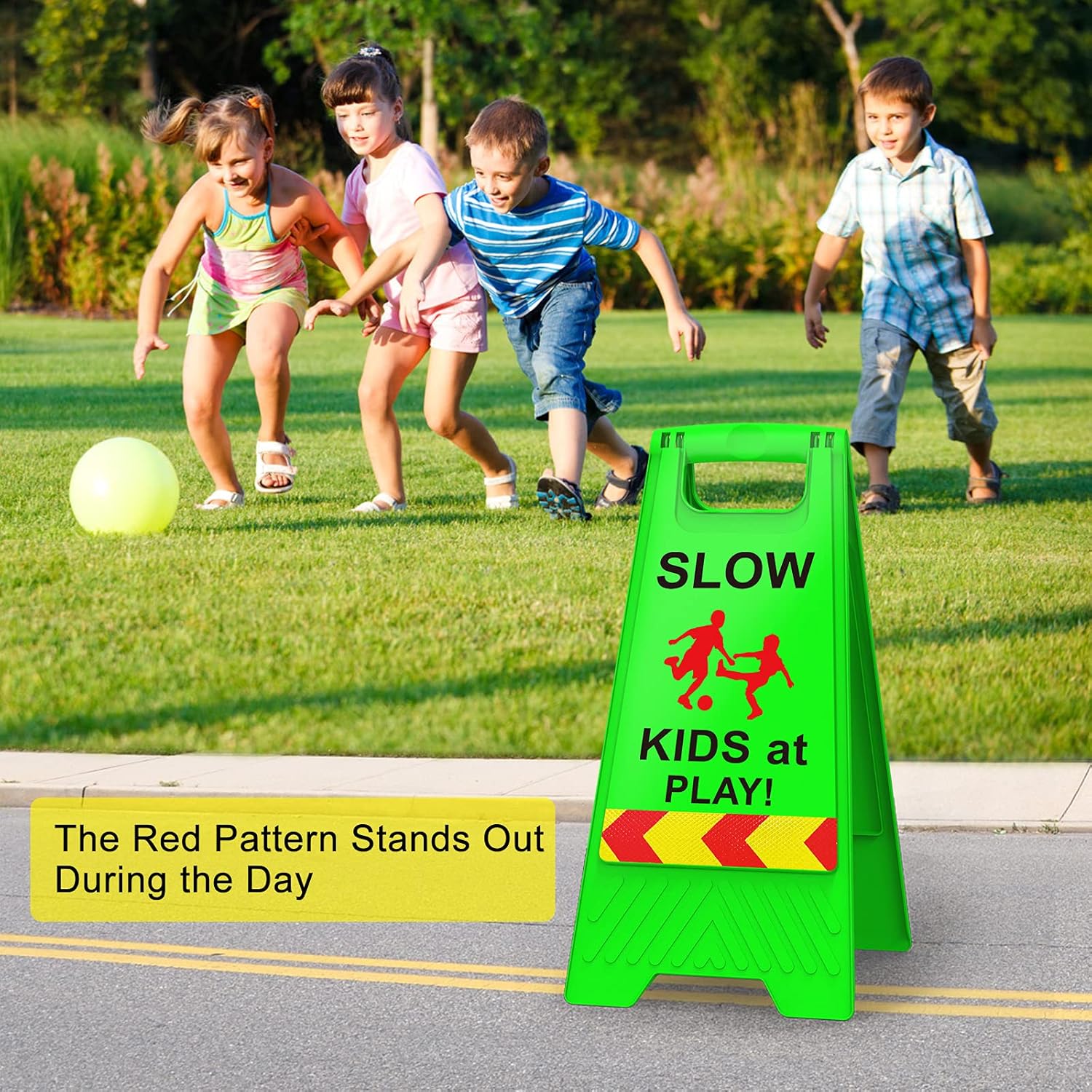 Slow Down Kids at Play Sign, Kids at Play Safety Signs for Street with Reflective Tape, Children at Play Safety Signs 22.4" H Double-Sided Text and Graphics Easier to Identify for Neighborhoods Community(2 Pack Green)