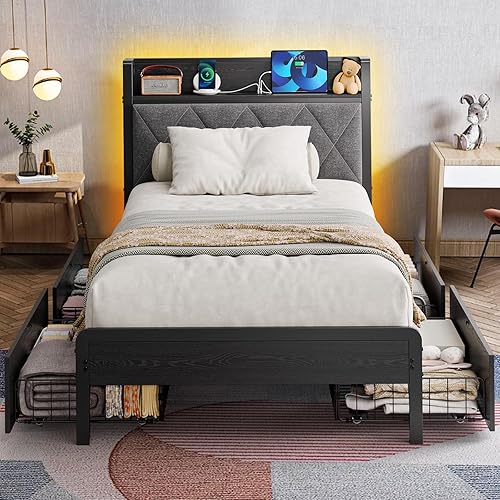 Base de cama tamaño individual con estación de carga y luces LED, cabecera de almacenamiento tapizada con 4 cajones, listones de metal resistentes,