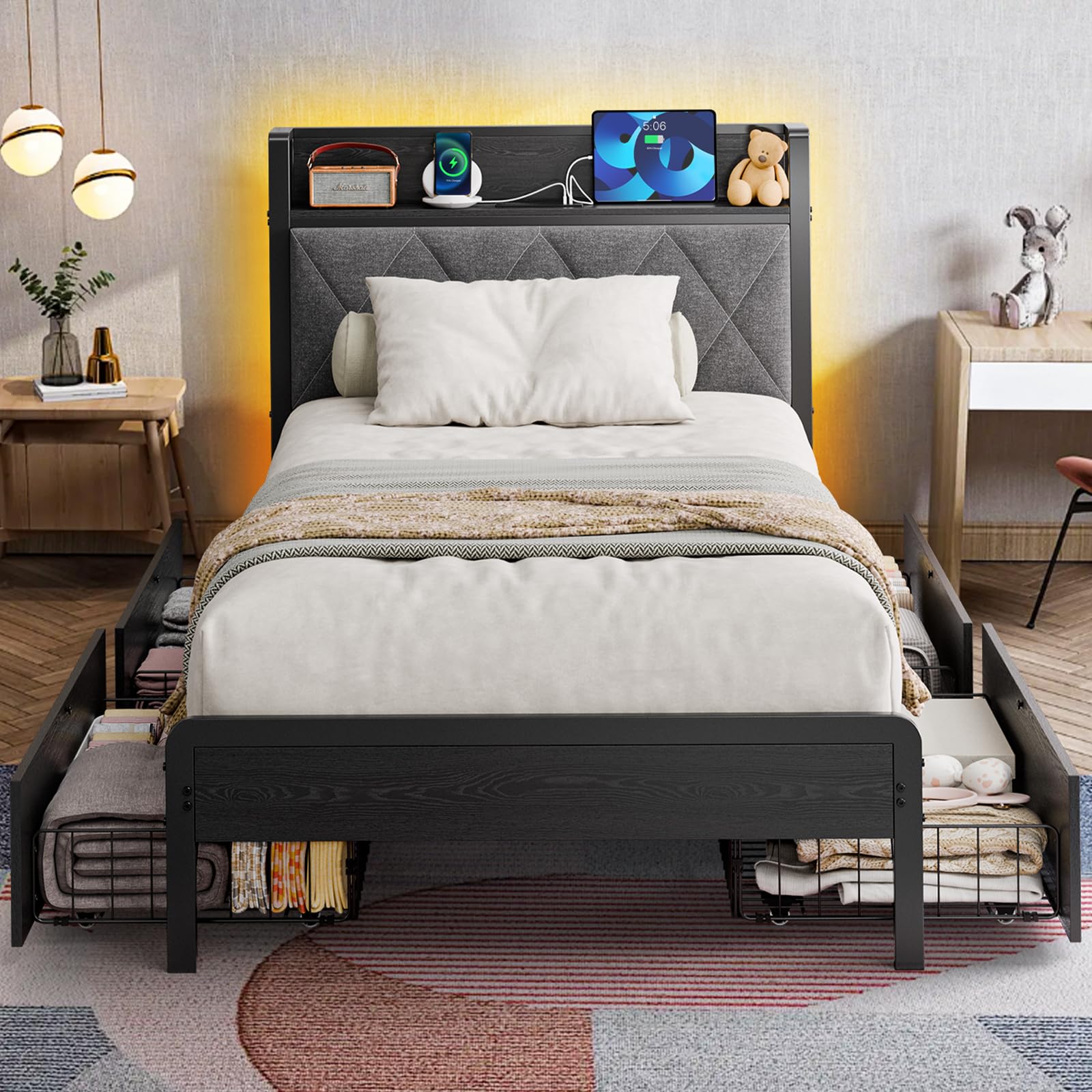 Holiwei Bed Frame Twin Size with Charging Station and LED Lights, Upholstered Storage Headboard with 4 Drawers, Heavy Duty Metal Slats, Noise Free,