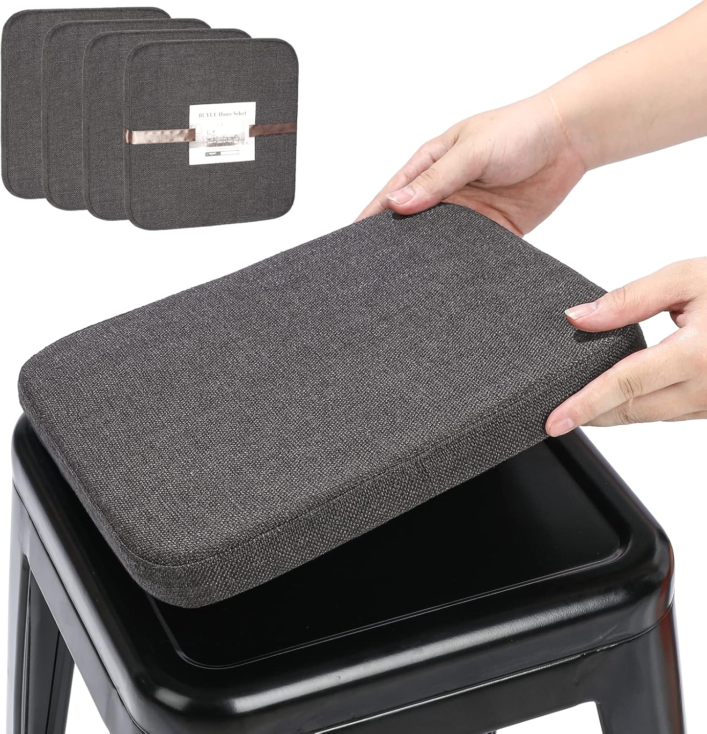 BUYUE Woven Fabric Magnetic Bar Stool Cushions, Set of 4 (Square, Dark Gray)