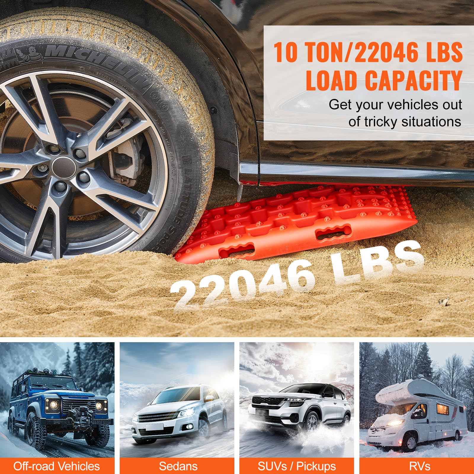 VEVOR Pannelli Trazione per Veicoli Materiale PP, Pannelli di Recupero per ATV/Automobili/Pickup/SUV/RV, Tappetini Trazione 692 x 278 x 68 mm per Pneumatici su Neve, Sabbia, Fango e Terreno Sciolto