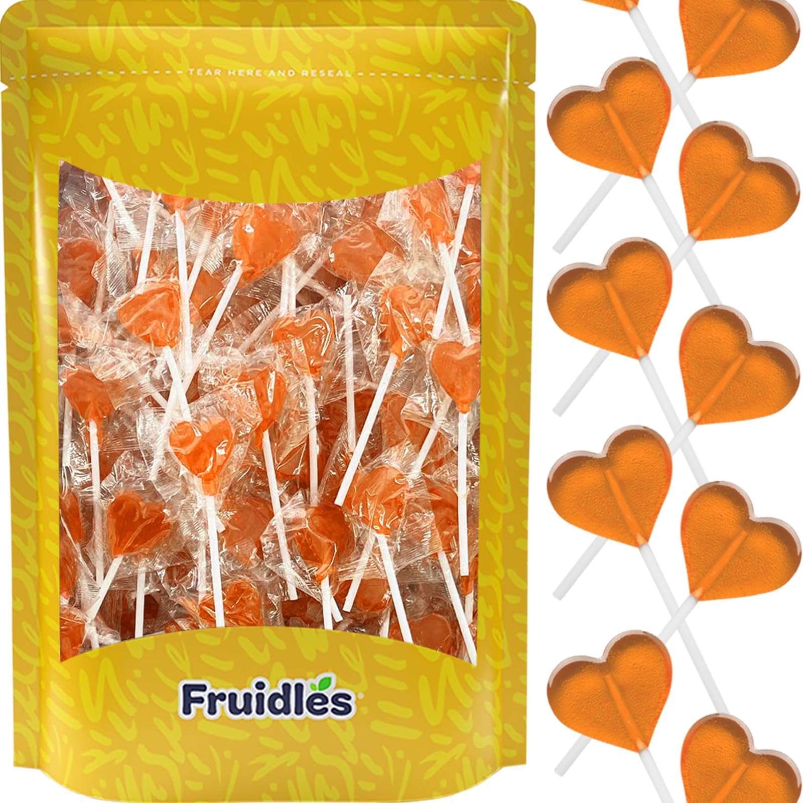 Fruidles Lollipops Mini Heart Shaped Flavored Delicious Lollipop, Individually Wrapped, 5g Lollipop (1200 Lollipops, Orange)