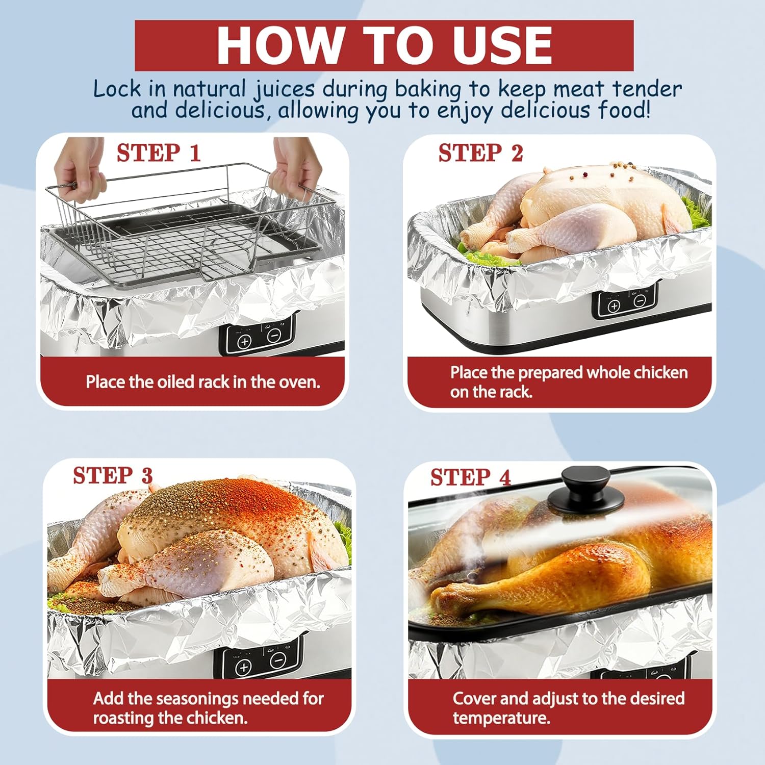 6 Foil Electric Roaster Liners, Disposable, Roaster Liners Fits 16, 18, and 20 Quart Electric Griddles, Ideal for Roasting Meats and Poultry, Food Grade Aluminum Foil, Instant Clean Up - Image 6