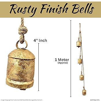 Set Of 5 Large XXL Farmhouse Bells - Vintage Style Harmony Shabby Chic Rustic Cow Bells For Christmas Decor - Gold On Rope - Decorative Hanging Ornaments