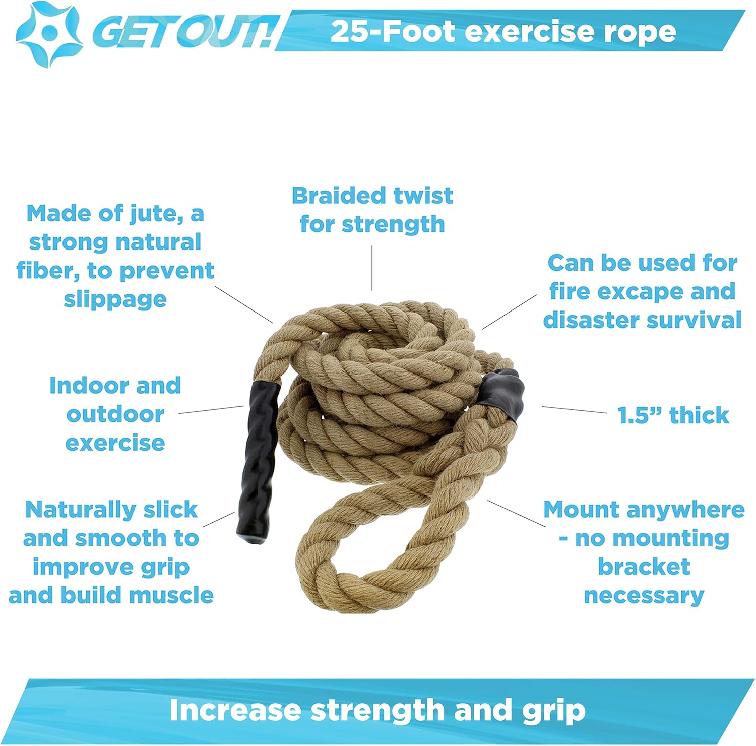 Get Out! Jute Exercise Rope, Fitness Rope for Indoor Climbing Rope Gym Rope Climbing – 1.5in Ropes for Climbing : Sports & Outdoors