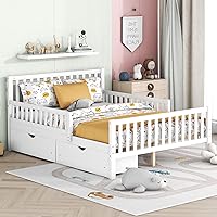 Vista 138 de Modern Full Size Platform Bed Storage Headboard and Safety Guardrail for Kids, Function Wood Platform Bed Frame with Built-in LED Light for Boy