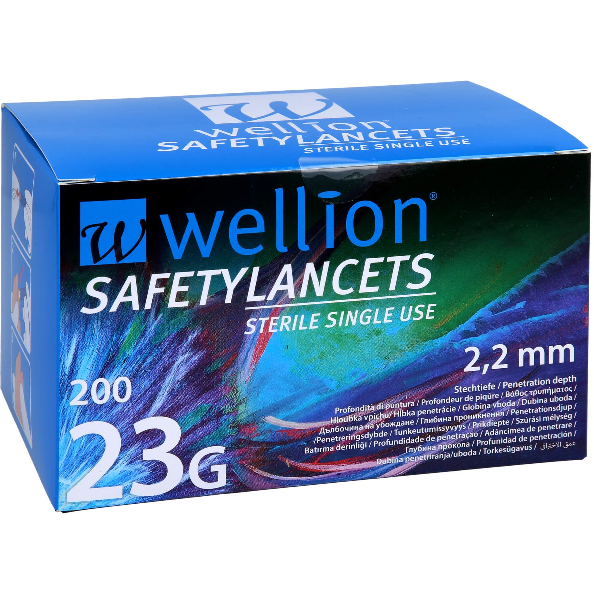 Wellion Safety Lancets 23G 2,2 mm Profondeur de piqûre, 200 pièces/pc.