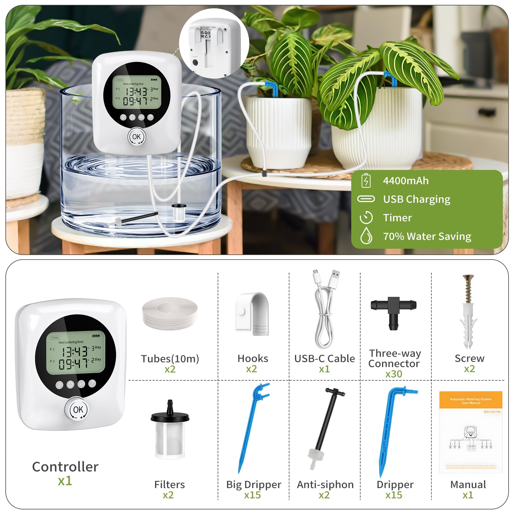 Forever Speed Sistema de Riego Automático con Doble Bomba para 30 plantas, 4400 mAh Recargable Riego Automático Sistema de Interior para Balcón, Invernadero