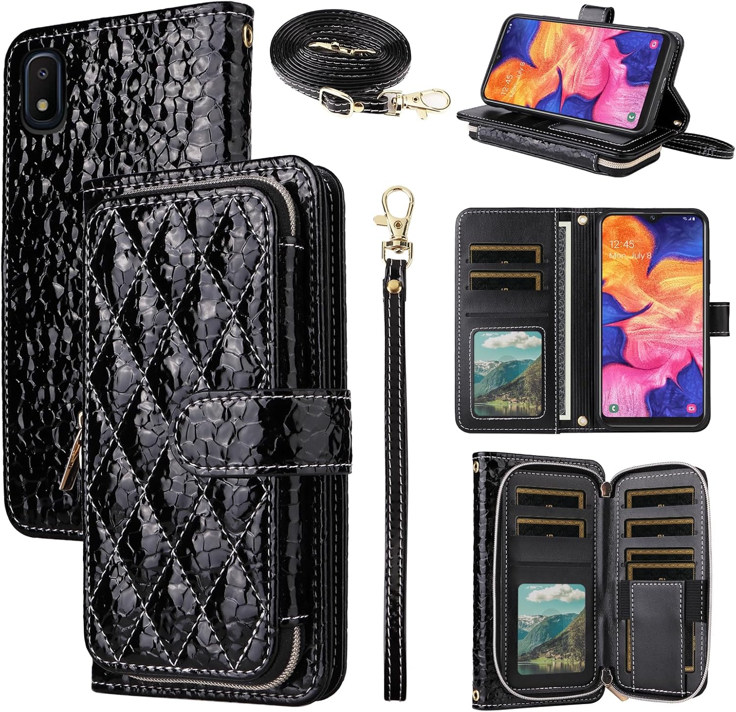 Argyle Wallet Case for Samsung Galaxy A10e with Crossbody/Wrist Strap Lanyard Luxury PU Leather Stand Zipper Purse Shockproof Card Holder Cell Phone Cover for A 10e 10ae S102DL Women Men Black