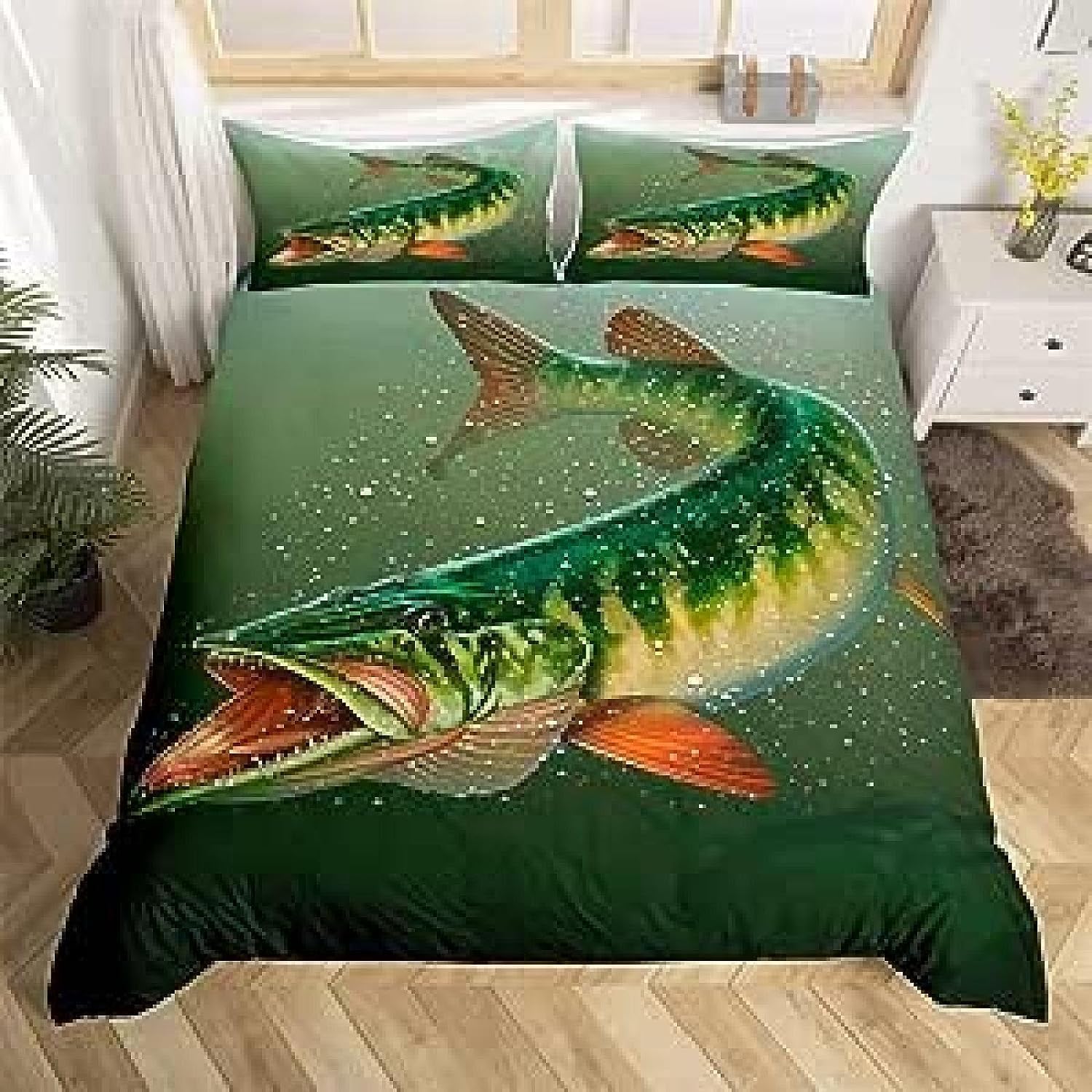 Dekbedovertrek Set 3-delig dekbedovertrek scènes van vissen in Toile De Jouy stijl in witte en blauwe kleur ultra zachte microvezel hotel decor zacht en ademend 1 dekbedovertrek en 2 kussenslopen