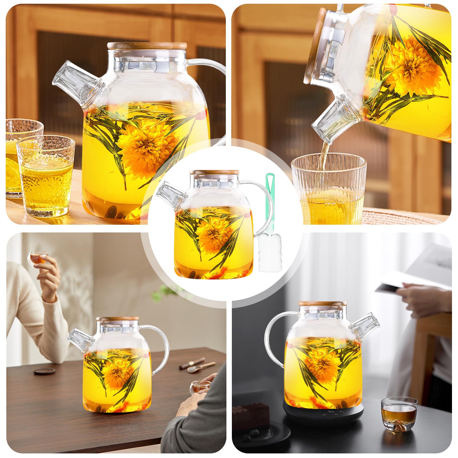 Dzbanek do herbaty z drewnianą pokrywką, 1800 ml, ze szkła borokrzemowego, wytrzymały, odporny na wysokie temperatury, przezroczysty dzbanek do herbaty z sitkiem, nowoczesny, gruby szklany zaparzacz