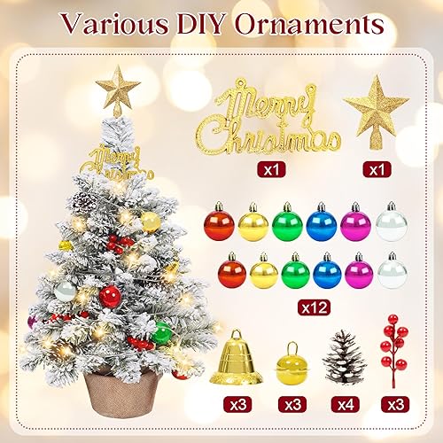 Miniatura 2 de Juego de mini árbol de Navidad de mesa de 24 pulgadas, pequeño árbol de Navidad preiluminado con luces LED cálidas, estrella de árbol, conos de pino